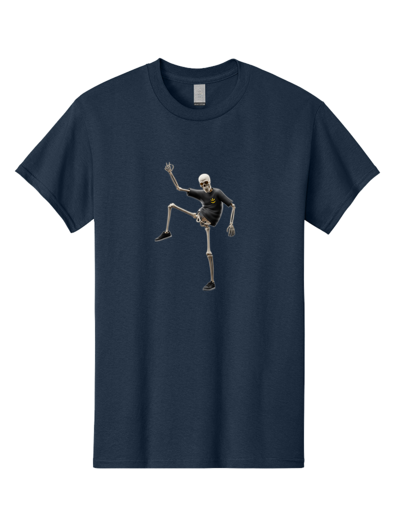 Bape-Skeleton Men'S Graphic Tee, 100% Cotton, Comfortable Casual Summer Wear, Machine Washable, Dancing Skeleton, Skeleton In T-Shirt, Yellow Logo, Dancing Pose, Black Shoes, Skeleton Illustration, Pop Culture, Fun, Quirky, Spooky, Playful, Bac597