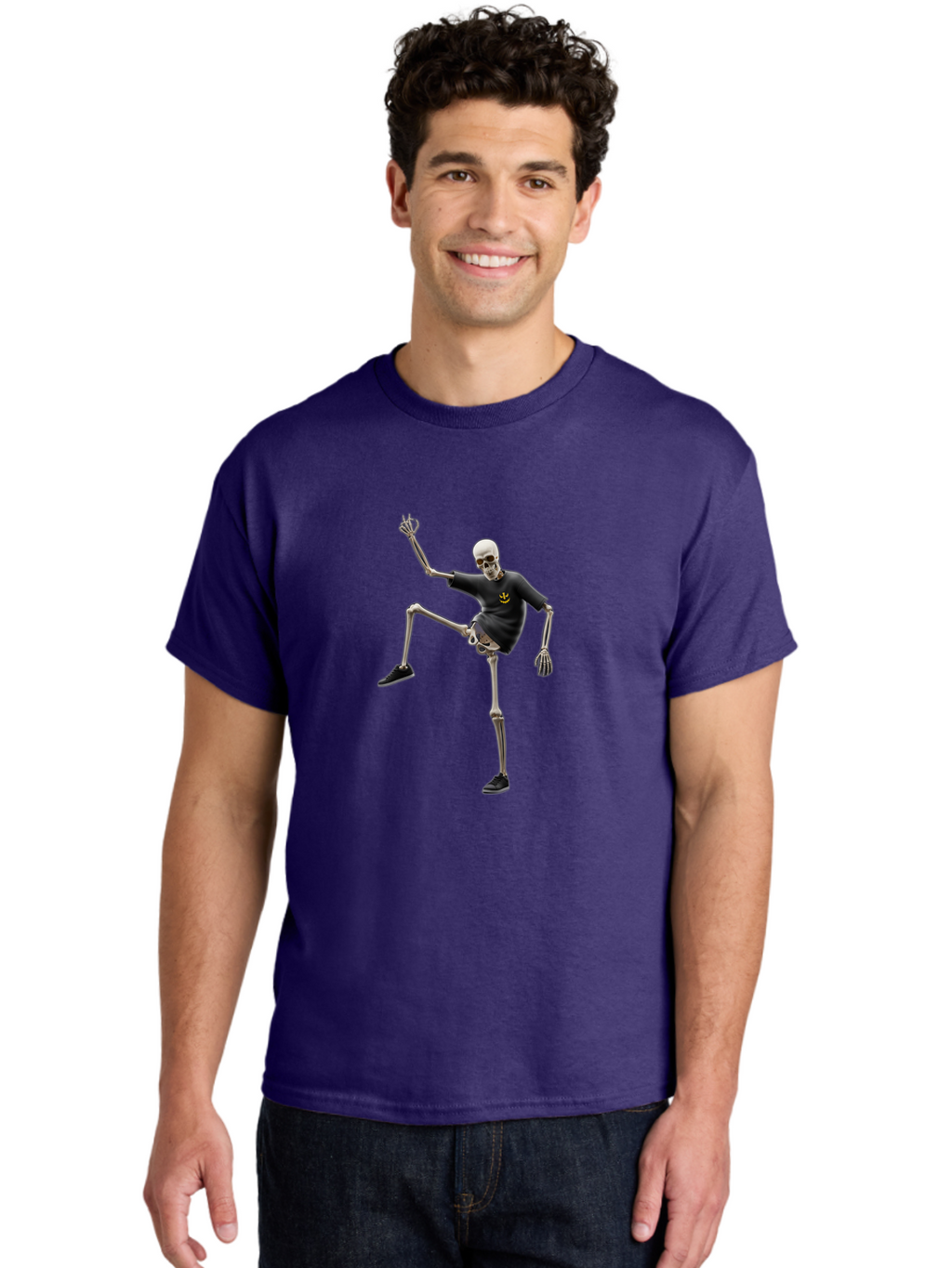 Bape-Skeleton Men'S Graphic Tee, 100% Cotton, Comfortable Casual Summer Wear, Machine Washable, Dancing Skeleton, Skeleton In T-Shirt, Yellow Logo, Dancing Pose, Black Shoes, Skeleton Illustration, Pop Culture, Fun, Quirky, Spooky, Playful, Bac597