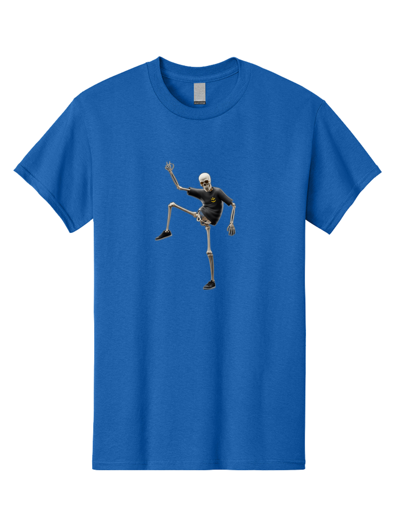 Bape-Skeleton Men'S Graphic Tee, 100% Cotton, Comfortable Casual Summer Wear, Machine Washable, Dancing Skeleton, Skeleton In T-Shirt, Yellow Logo, Dancing Pose, Black Shoes, Skeleton Illustration, Pop Culture, Fun, Quirky, Spooky, Playful, Bac597