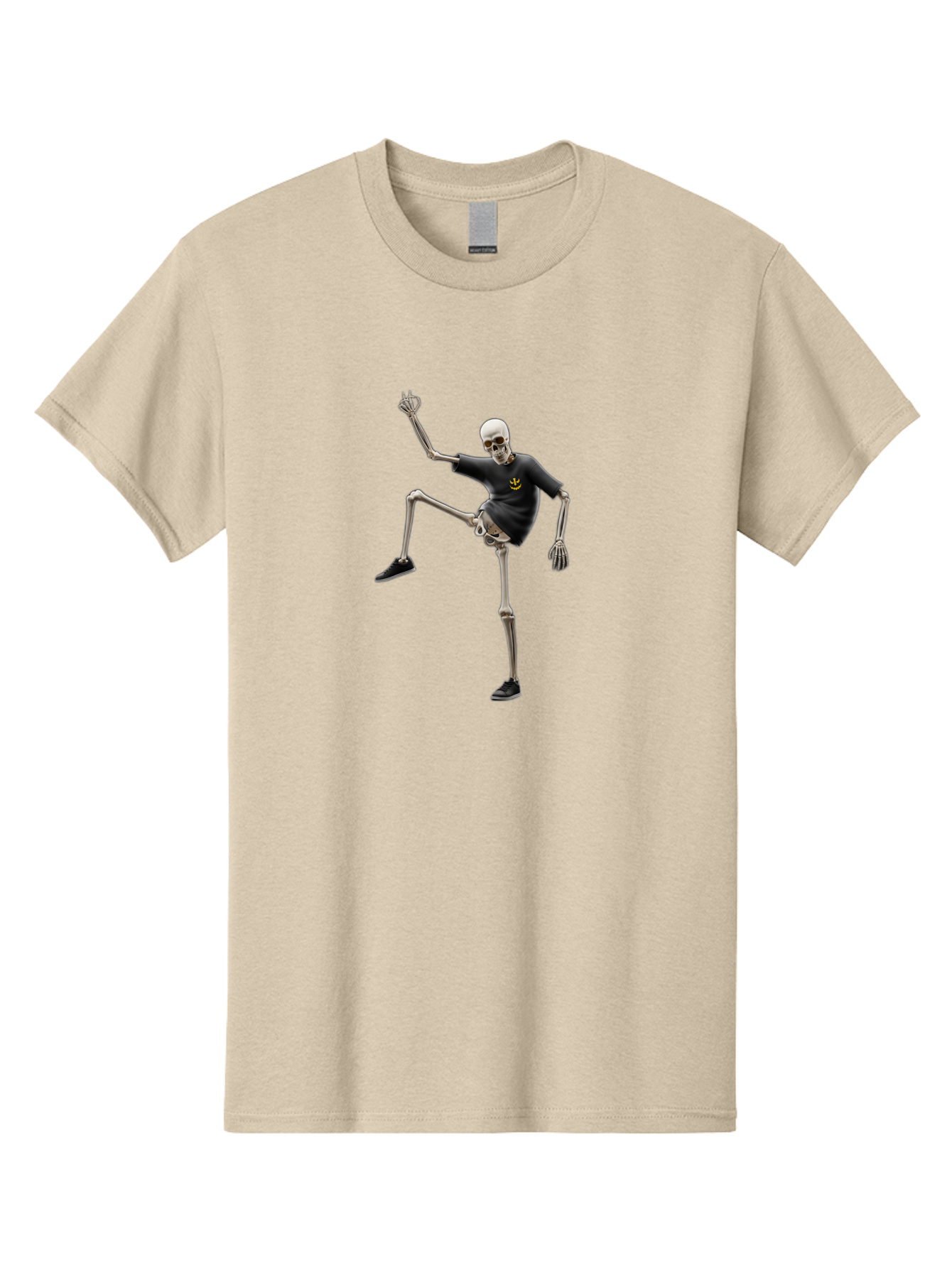 Bape-Skeleton Men'S Graphic Tee, 100% Cotton, Comfortable Casual Summer Wear, Machine Washable, Dancing Skeleton, Skeleton In T-Shirt, Yellow Logo, Dancing Pose, Black Shoes, Skeleton Illustration, Pop Culture, Fun, Quirky, Spooky, Playful, Bac597