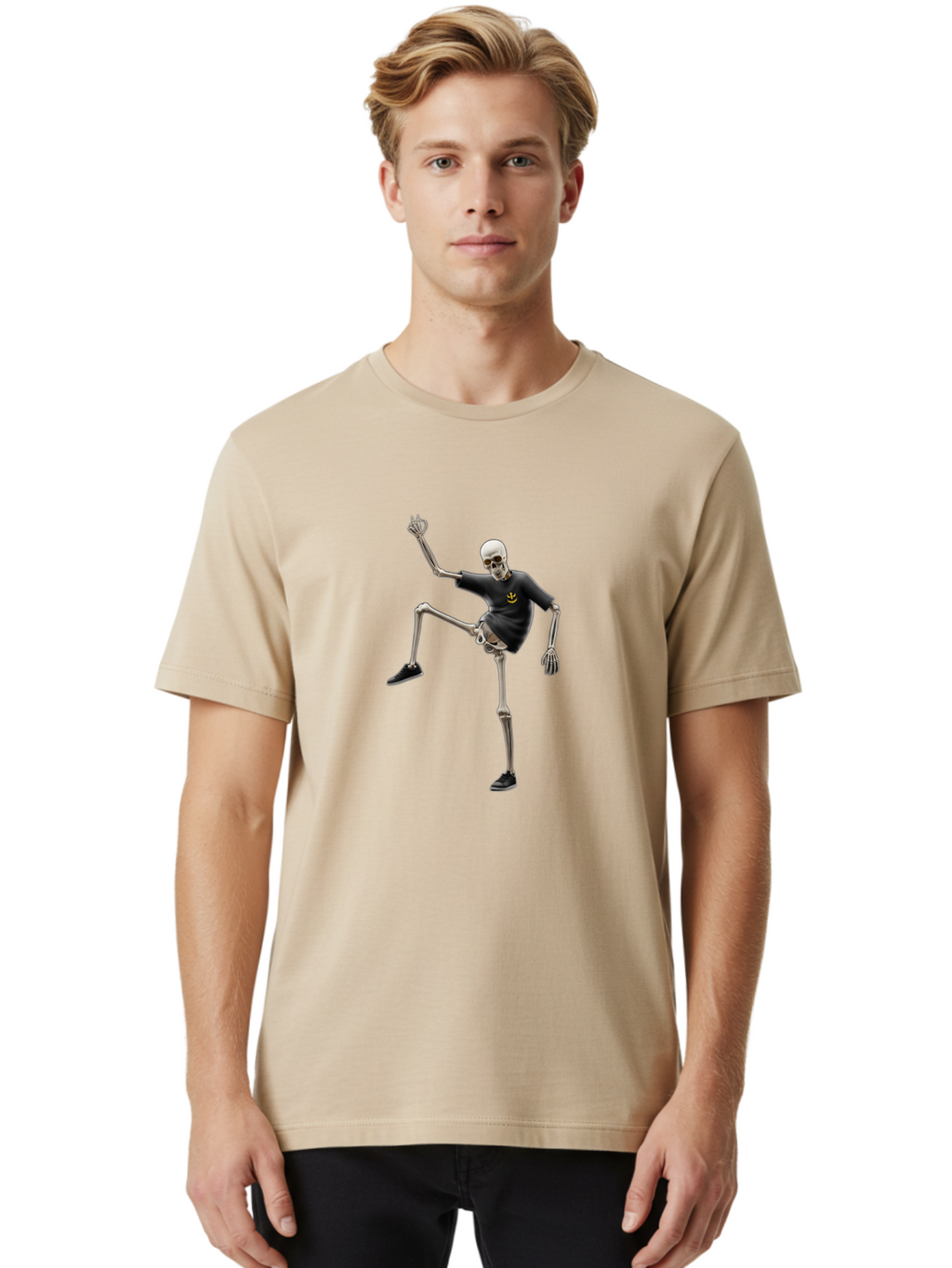 Bape-Skeleton Men'S Graphic Tee, 100% Cotton, Comfortable Casual Summer Wear, Machine Washable, Dancing Skeleton, Skeleton In T-Shirt, Yellow Logo, Dancing Pose, Black Shoes, Skeleton Illustration, Pop Culture, Fun, Quirky, Spooky, Playful, Bac597