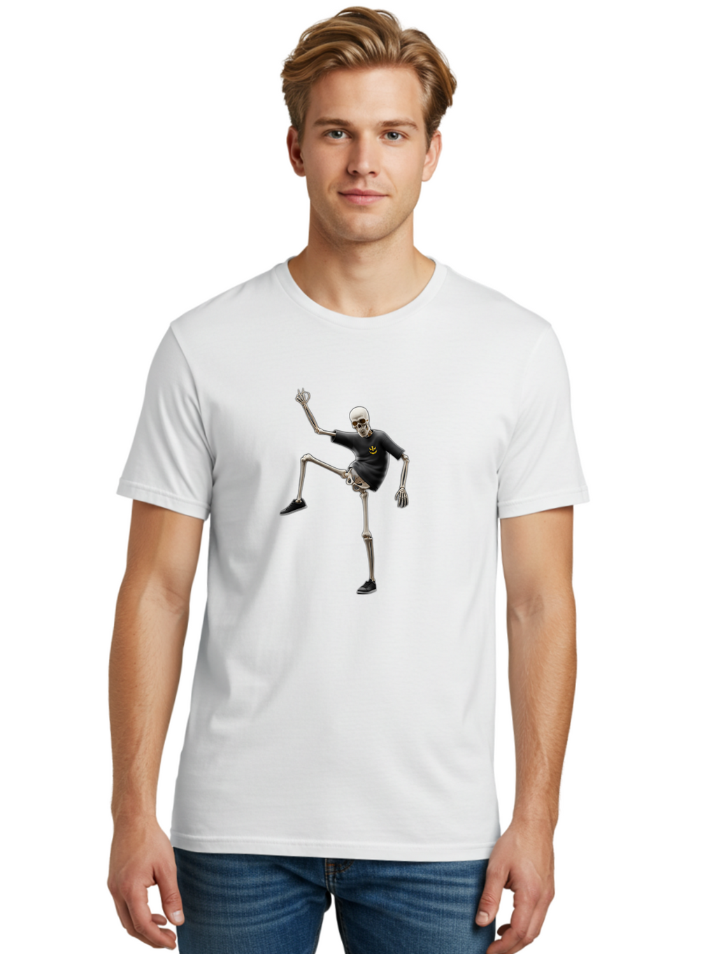 Bape-Skeleton Men'S Graphic Tee, 100% Cotton, Comfortable Casual Summer Wear, Machine Washable, Dancing Skeleton, Skeleton In T-Shirt, Yellow Logo, Dancing Pose, Black Shoes, Skeleton Illustration, Pop Culture, Fun, Quirky, Spooky, Playful, Bac597