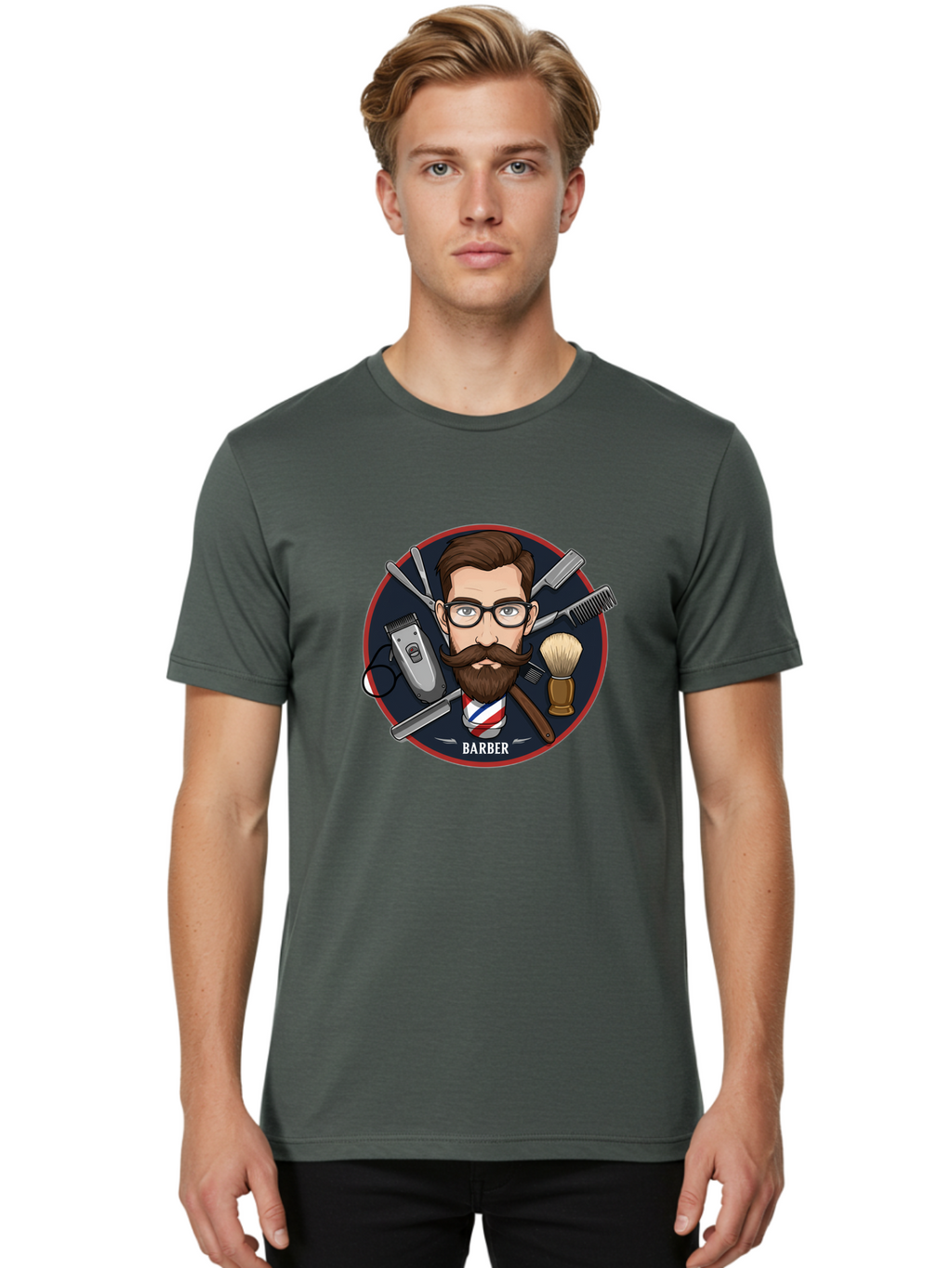 Barber-1 Men'S Graphic Tee, 100% Cotton, Comfortable Casual Summer Wear, Machine Washable, Barber Logo, Cartoon Barber, Grooming Tools, Hair Clippers, Straight Razor, Shaving Brush, Beard Care, Masculine Style, Vintage Barber Shop Bac598