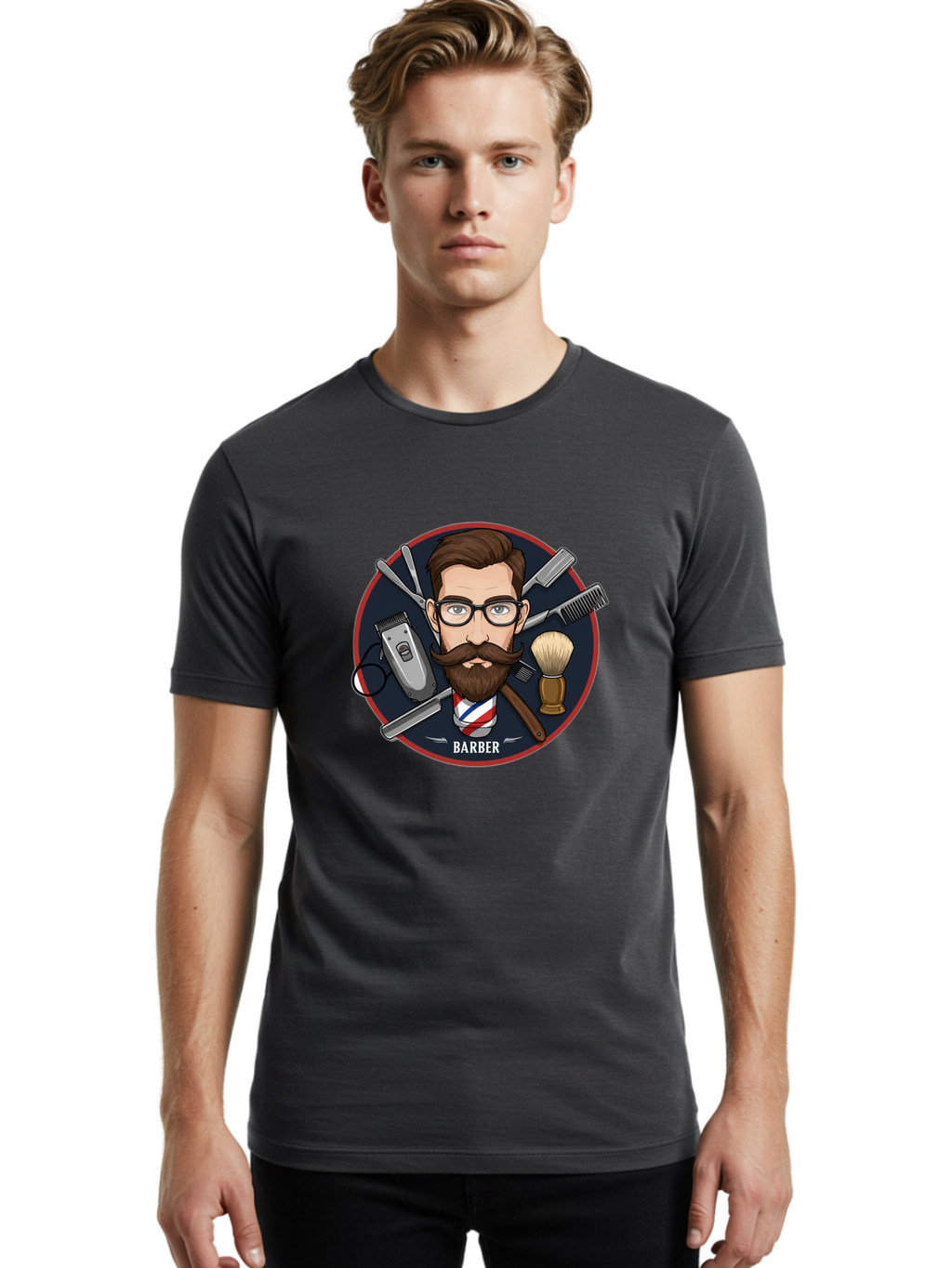 Barber-1 Men'S Graphic Tee, 100% Cotton, Comfortable Casual Summer Wear, Machine Washable, Barber Logo, Cartoon Barber, Grooming Tools, Hair Clippers, Straight Razor, Shaving Brush, Beard Care, Masculine Style, Vintage Barber Shop Bac598