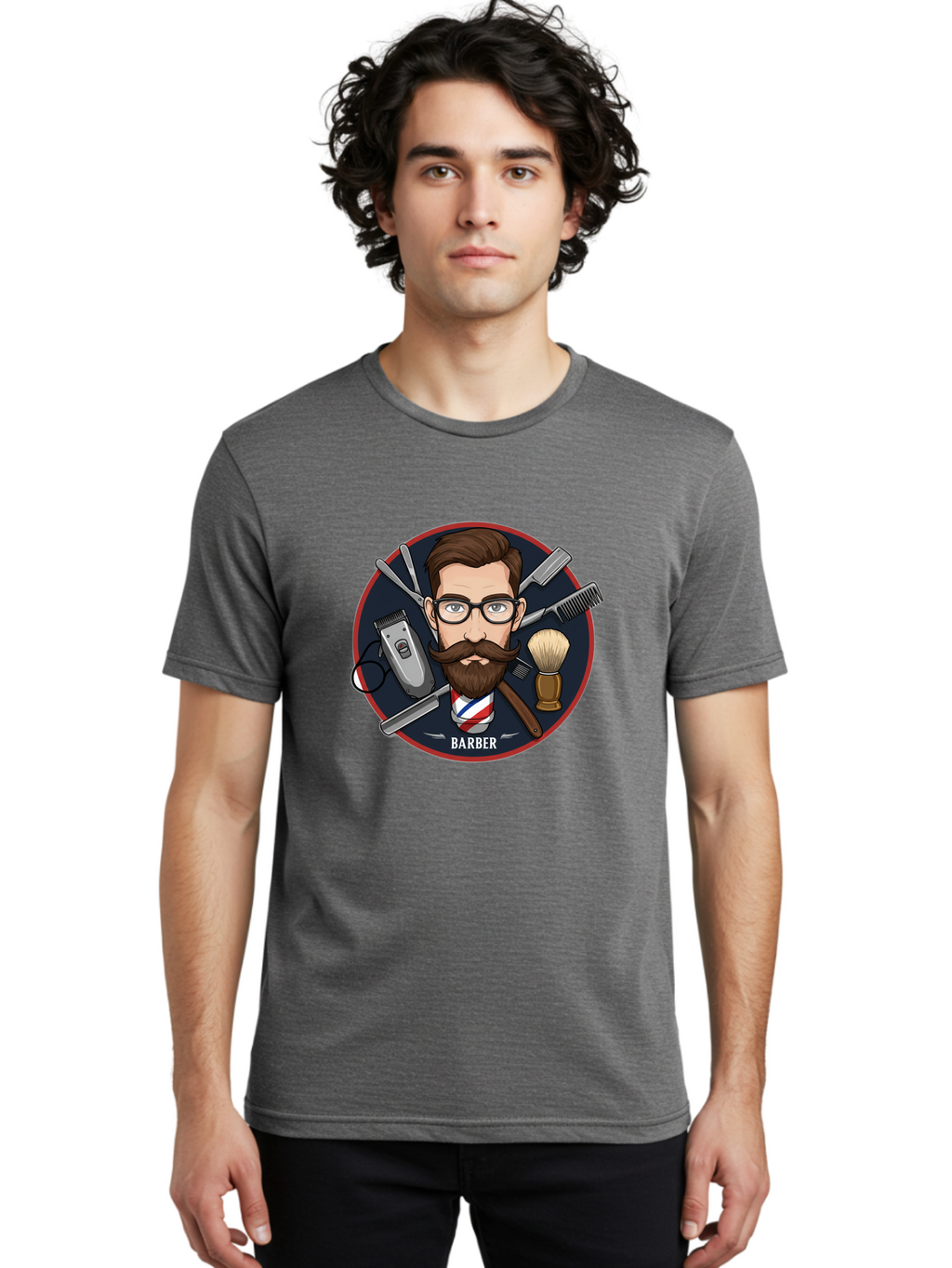 Barber-1 Men'S Graphic Tee, 100% Cotton, Comfortable Casual Summer Wear, Machine Washable, Barber Logo, Cartoon Barber, Grooming Tools, Hair Clippers, Straight Razor, Shaving Brush, Beard Care, Masculine Style, Vintage Barber Shop Bac598