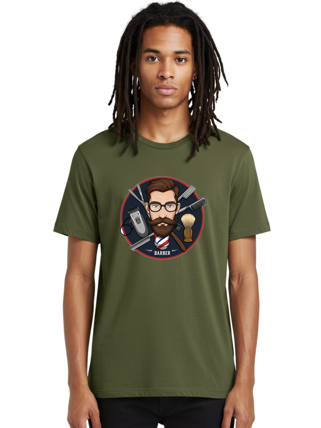 Barber-1 Men'S Graphic Tee, 100% Cotton, Comfortable Casual Summer Wear, Machine Washable, Barber Logo, Cartoon Barber, Grooming Tools, Hair Clippers, Straight Razor, Shaving Brush, Beard Care, Masculine Style, Vintage Barber Shop Bac598