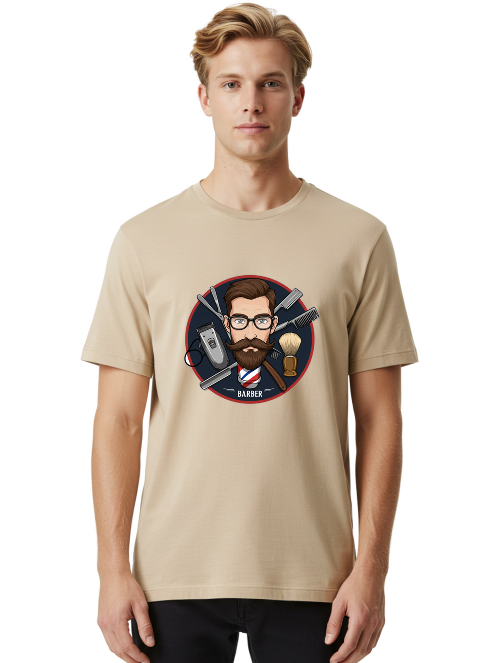 Barber-1 Men'S Graphic Tee, 100% Cotton, Comfortable Casual Summer Wear, Machine Washable, Barber Logo, Cartoon Barber, Grooming Tools, Hair Clippers, Straight Razor, Shaving Brush, Beard Care, Masculine Style, Vintage Barber Shop Bac598