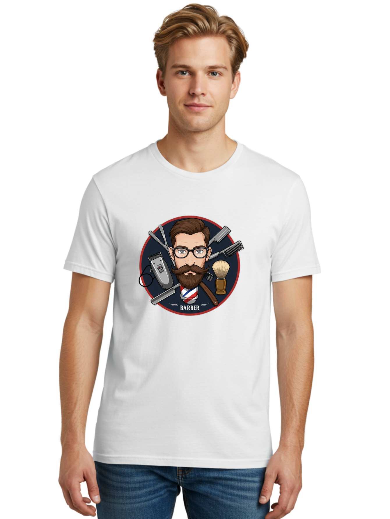 Barber-1 Men'S Graphic Tee, 100% Cotton, Comfortable Casual Summer Wear, Machine Washable, Barber Logo, Cartoon Barber, Grooming Tools, Hair Clippers, Straight Razor, Shaving Brush, Beard Care, Masculine Style, Vintage Barber Shop Bac598