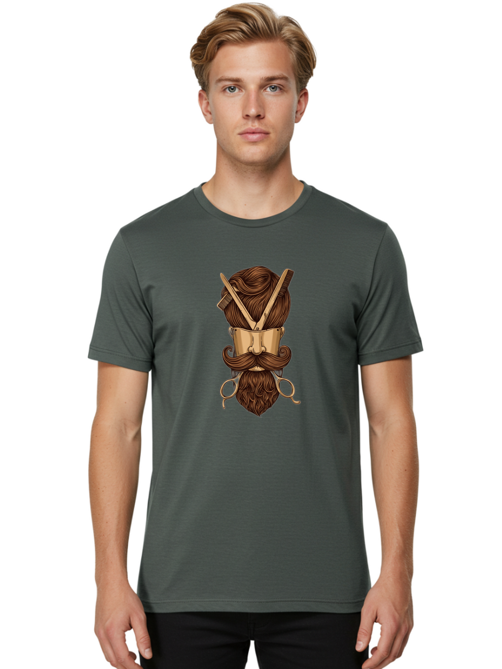 Barber-Art Men'S Graphic Tee, 100% Cotton, Comfortable Casual Summer Wear, Machine Washable, Barber Shop Logo, Men'S Grooming, Mustache, Beard, Haircut, Scissors, Comb, Vintage Style, Barber Tools, Classic Design Bac599