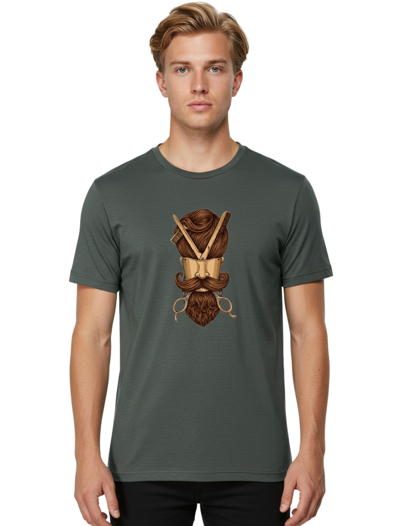 Barber-Art Men'S Graphic Tee, 100% Cotton, Comfortable Casual Summer Wear, Machine Washable, Barber Shop Logo, Men'S Grooming, Mustache, Beard, Haircut, Scissors, Comb, Vintage Style, Barber Tools, Classic Design Bac599