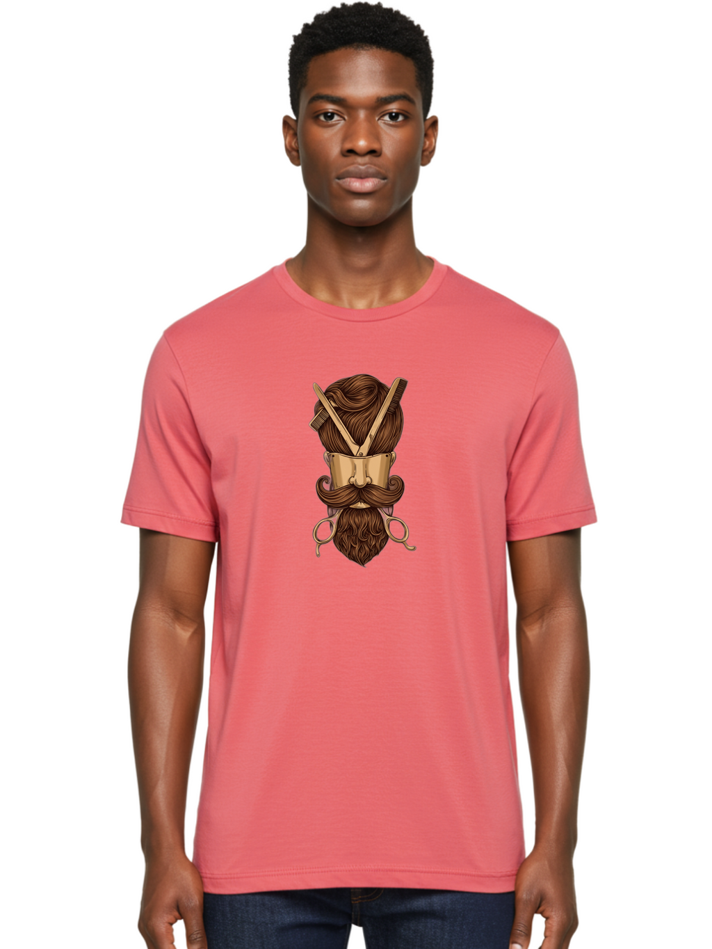 Barber-Art Men'S Graphic Tee, 100% Cotton, Comfortable Casual Summer Wear, Machine Washable, Barber Shop Logo, Men'S Grooming, Mustache, Beard, Haircut, Scissors, Comb, Vintage Style, Barber Tools, Classic Design Bac599