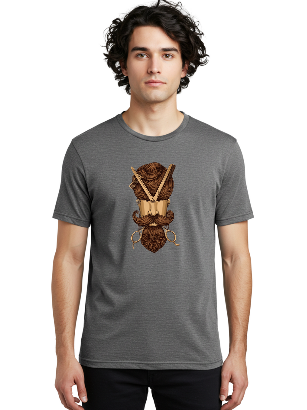 Barber-Art Men'S Graphic Tee, 100% Cotton, Comfortable Casual Summer Wear, Machine Washable, Barber Shop Logo, Men'S Grooming, Mustache, Beard, Haircut, Scissors, Comb, Vintage Style, Barber Tools, Classic Design Bac599