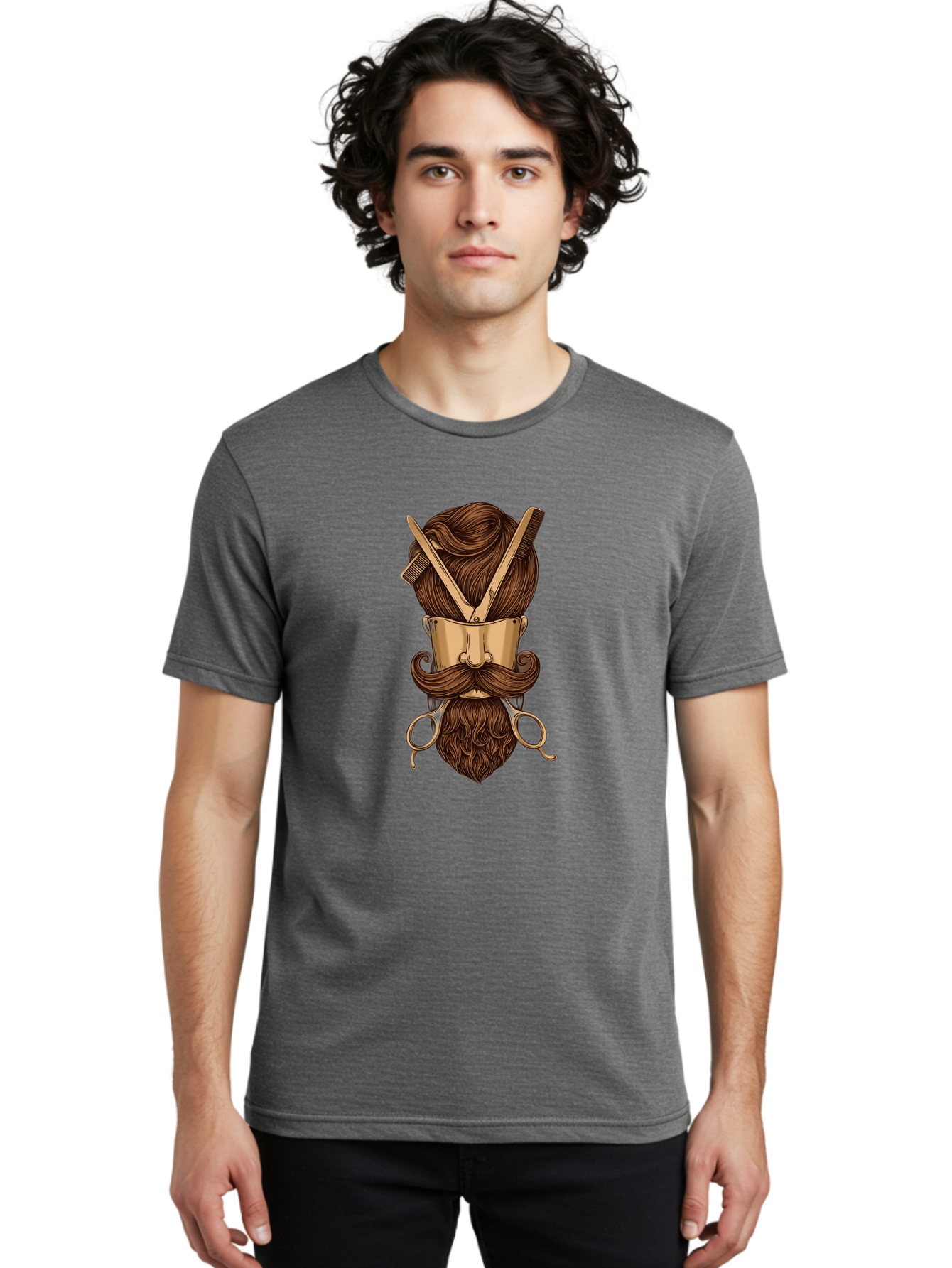 Barber-Art Men'S Graphic Tee, 100% Cotton, Comfortable Casual Summer Wear, Machine Washable, Barber Shop Logo, Men'S Grooming, Mustache, Beard, Haircut, Scissors, Comb, Vintage Style, Barber Tools, Classic Design Bac599