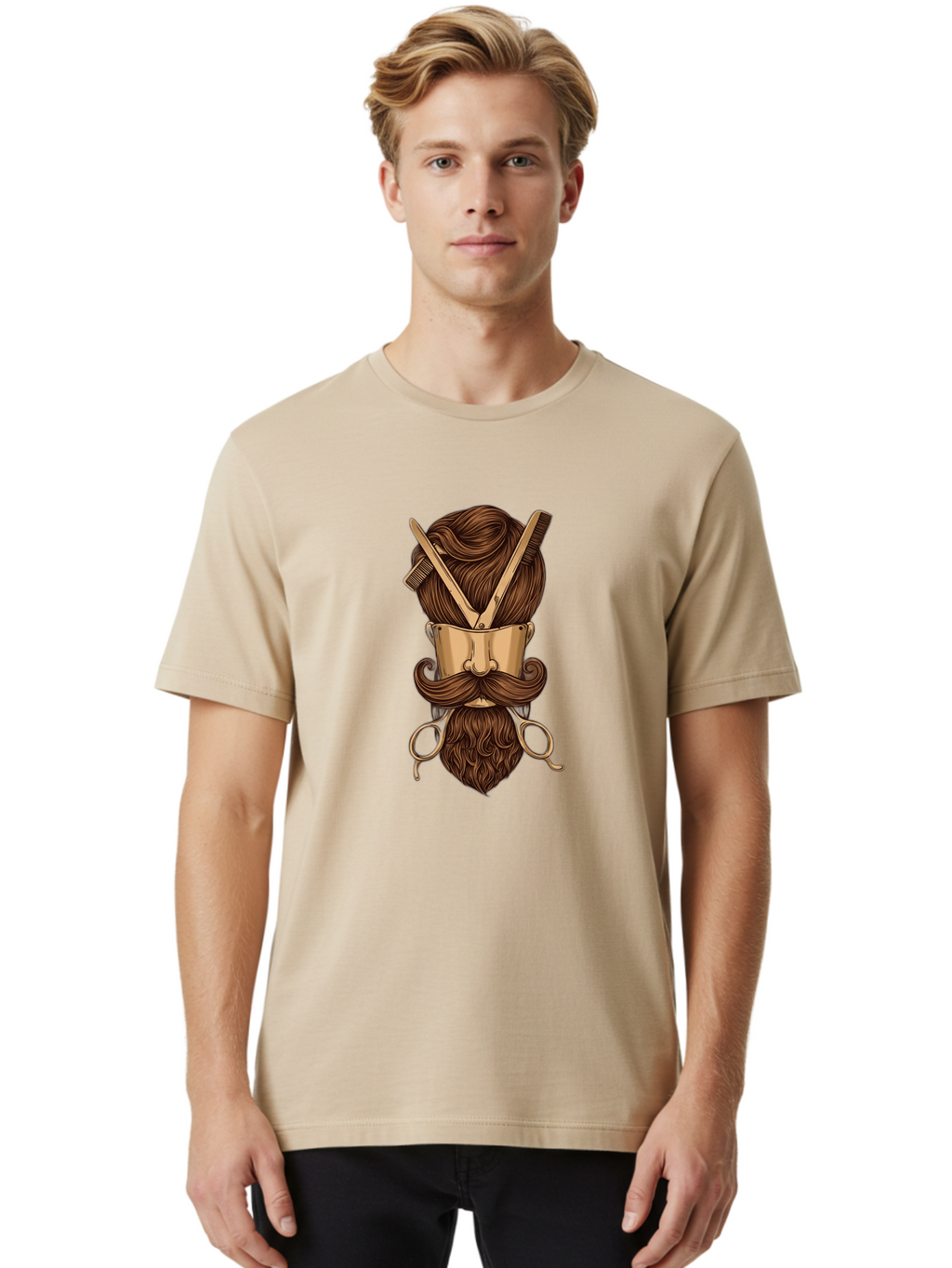 Barber-Art Men'S Graphic Tee, 100% Cotton, Comfortable Casual Summer Wear, Machine Washable, Barber Shop Logo, Men'S Grooming, Mustache, Beard, Haircut, Scissors, Comb, Vintage Style, Barber Tools, Classic Design Bac599