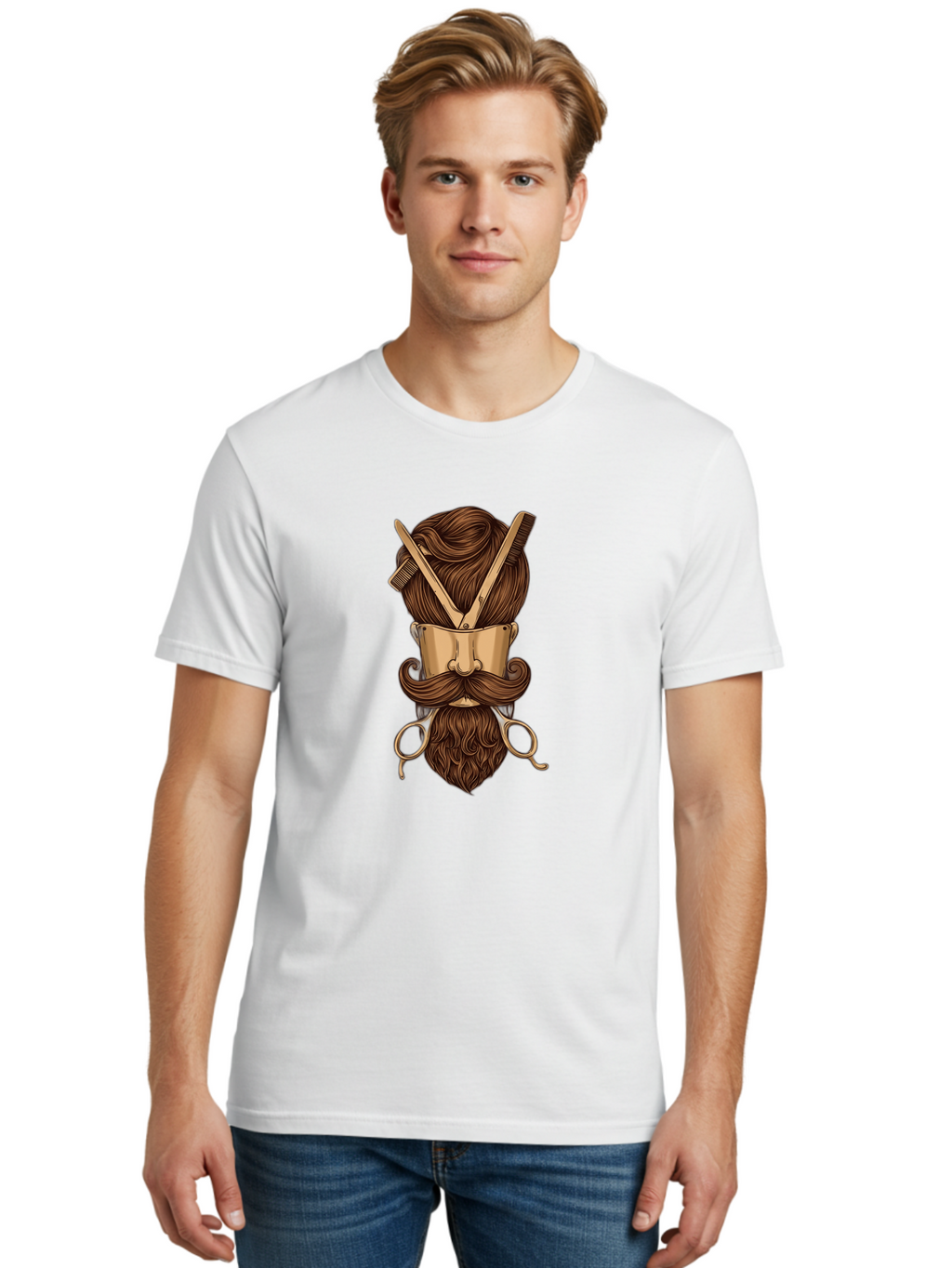 Barber-Art Men'S Graphic Tee, 100% Cotton, Comfortable Casual Summer Wear, Machine Washable, Barber Shop Logo, Men'S Grooming, Mustache, Beard, Haircut, Scissors, Comb, Vintage Style, Barber Tools, Classic Design Bac599