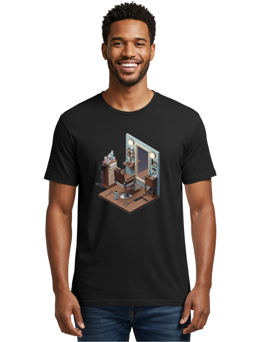 Barber-Chair-Station Men'S Graphic Tee, 100% Cotton, Comfortable Casual Summer Wear, Machine Washable, Barber Chair, Hair Cutting Tools, Grooming Products, Salon Equipment, Stylish Haircut, Modern Barbershop, Grooming Accessories, Bac600