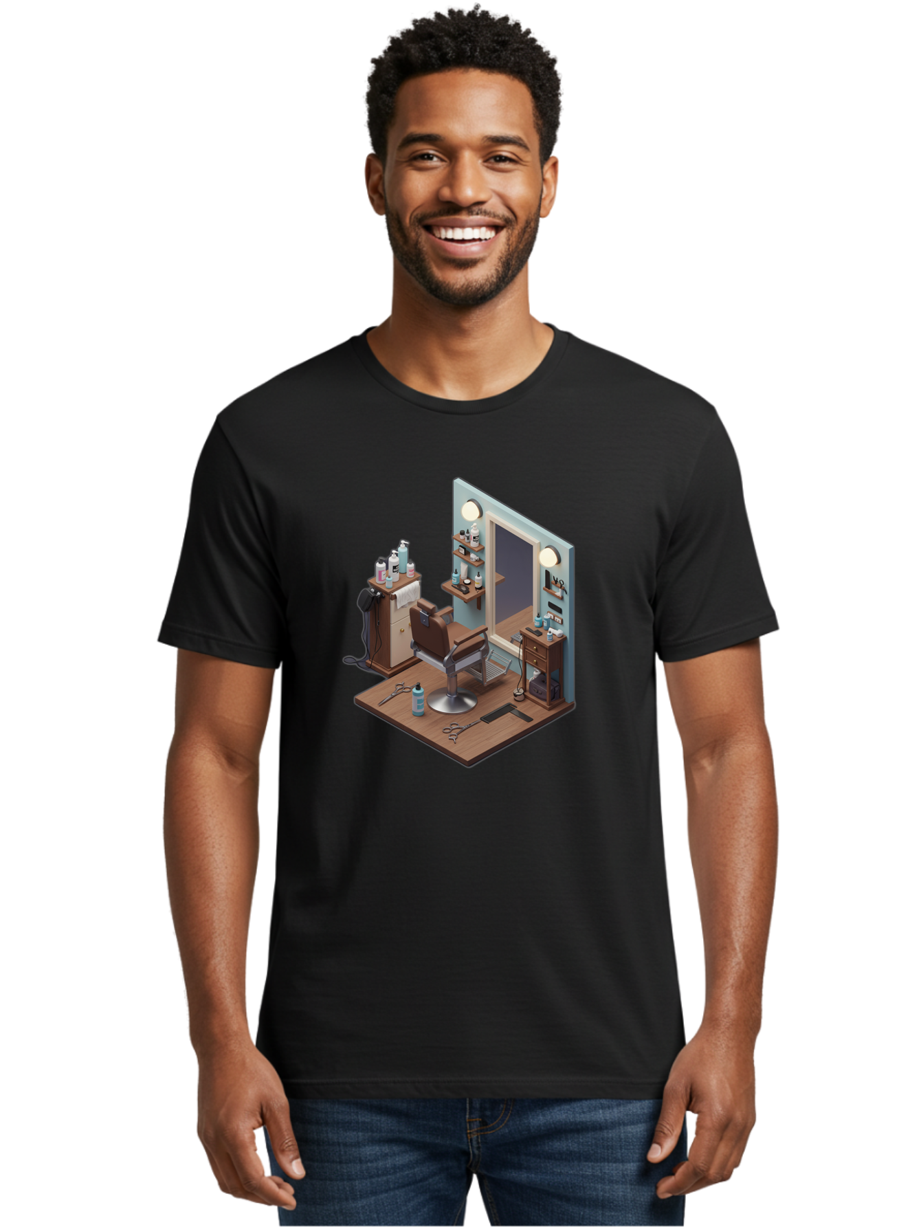 Barber-Chair-Station Men'S Graphic Tee, 100% Cotton, Comfortable Casual Summer Wear, Machine Washable, Barber Chair, Hair Cutting Tools, Grooming Products, Salon Equipment, Stylish Haircut, Modern Barbershop, Grooming Accessories, Bac600