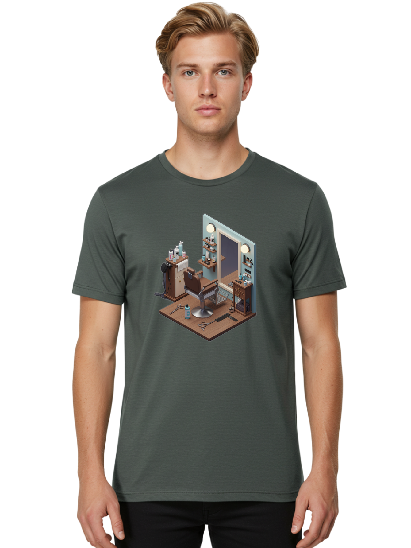 Barber-Chair-Station Men'S Graphic Tee, 100% Cotton, Comfortable Casual Summer Wear, Machine Washable, Barber Chair, Hair Cutting Tools, Grooming Products, Salon Equipment, Stylish Haircut, Modern Barbershop, Grooming Accessories, Bac600