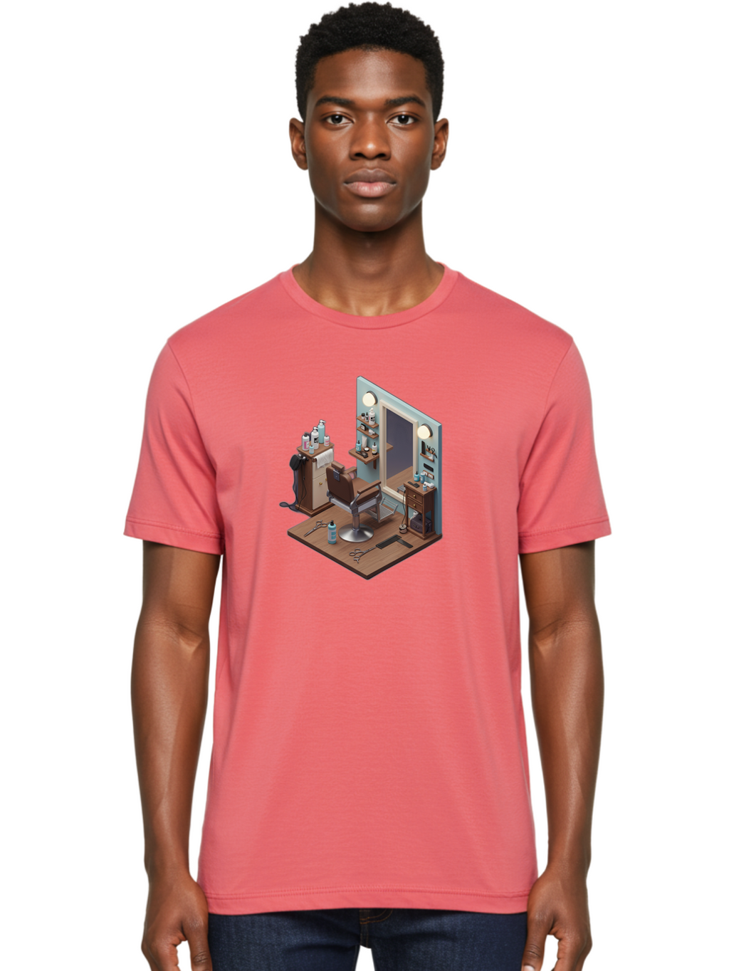 Barber-Chair-Station Men'S Graphic Tee, 100% Cotton, Comfortable Casual Summer Wear, Machine Washable, Barber Chair, Hair Cutting Tools, Grooming Products, Salon Equipment, Stylish Haircut, Modern Barbershop, Grooming Accessories, Bac600