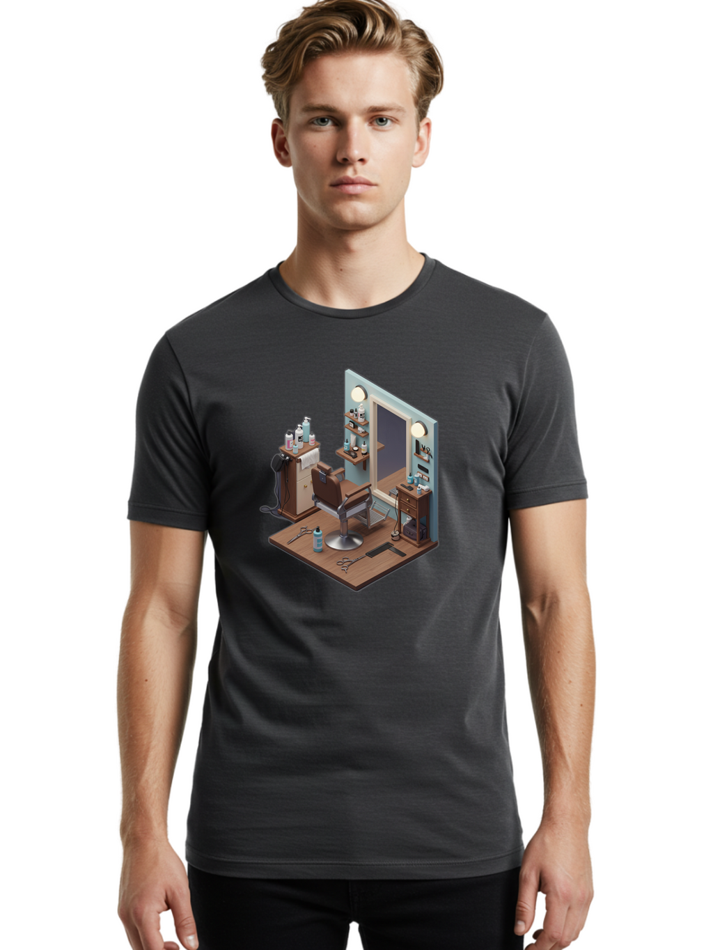 Barber-Chair-Station Men'S Graphic Tee, 100% Cotton, Comfortable Casual Summer Wear, Machine Washable, Barber Chair, Hair Cutting Tools, Grooming Products, Salon Equipment, Stylish Haircut, Modern Barbershop, Grooming Accessories, Bac600