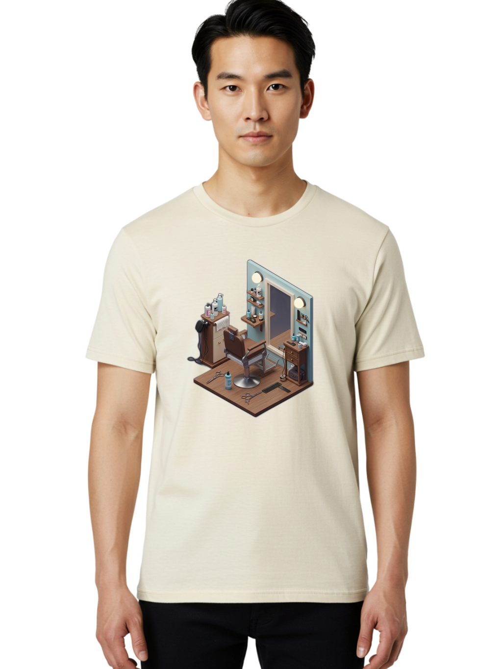 Barber-Chair-Station Men'S Graphic Tee, 100% Cotton, Comfortable Casual Summer Wear, Machine Washable, Barber Chair, Hair Cutting Tools, Grooming Products, Salon Equipment, Stylish Haircut, Modern Barbershop, Grooming Accessories, Bac600