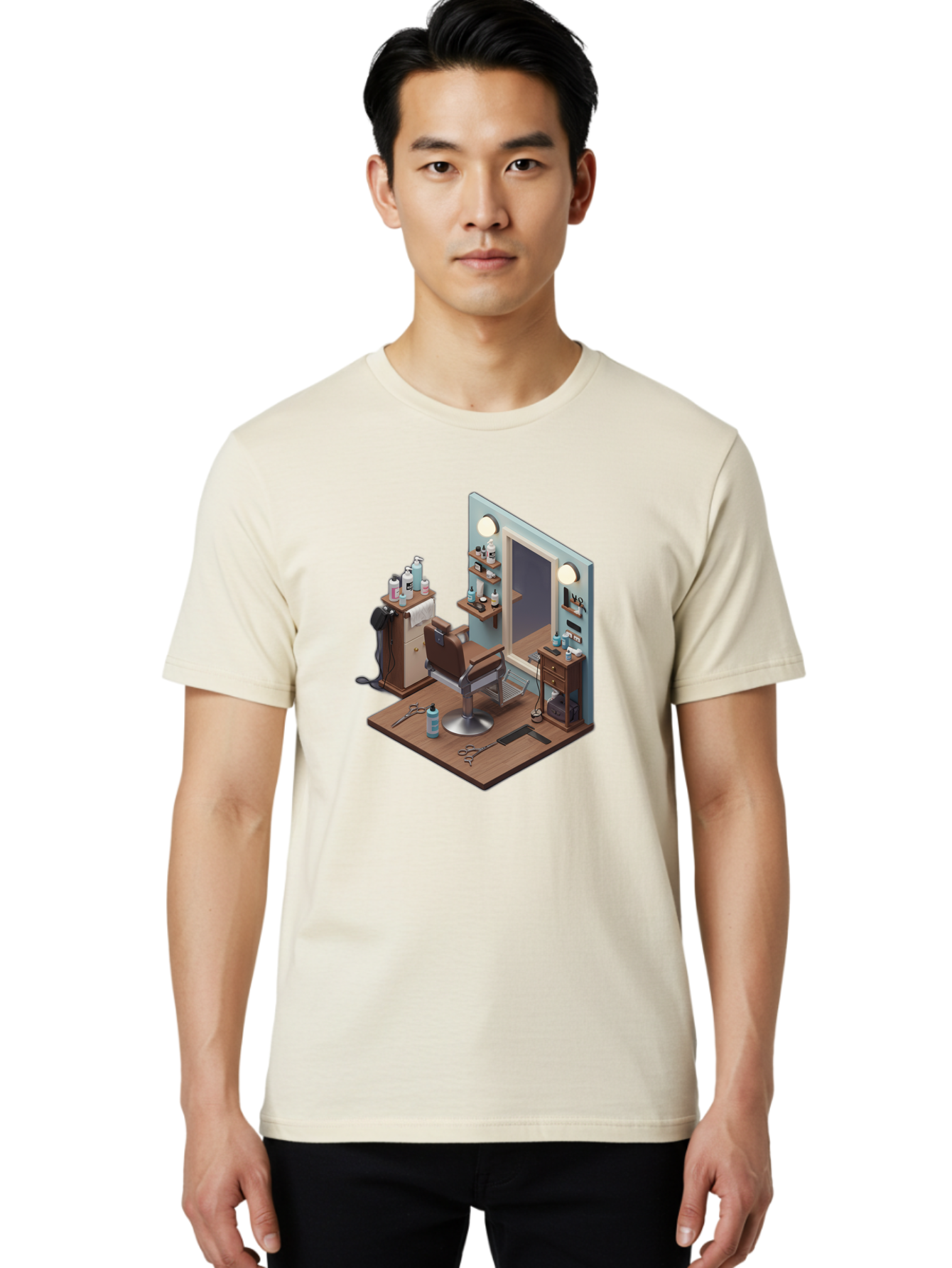 Barber-Chair-Station Men'S Graphic Tee, 100% Cotton, Comfortable Casual Summer Wear, Machine Washable, Barber Chair, Hair Cutting Tools, Grooming Products, Salon Equipment, Stylish Haircut, Modern Barbershop, Grooming Accessories, Bac600
