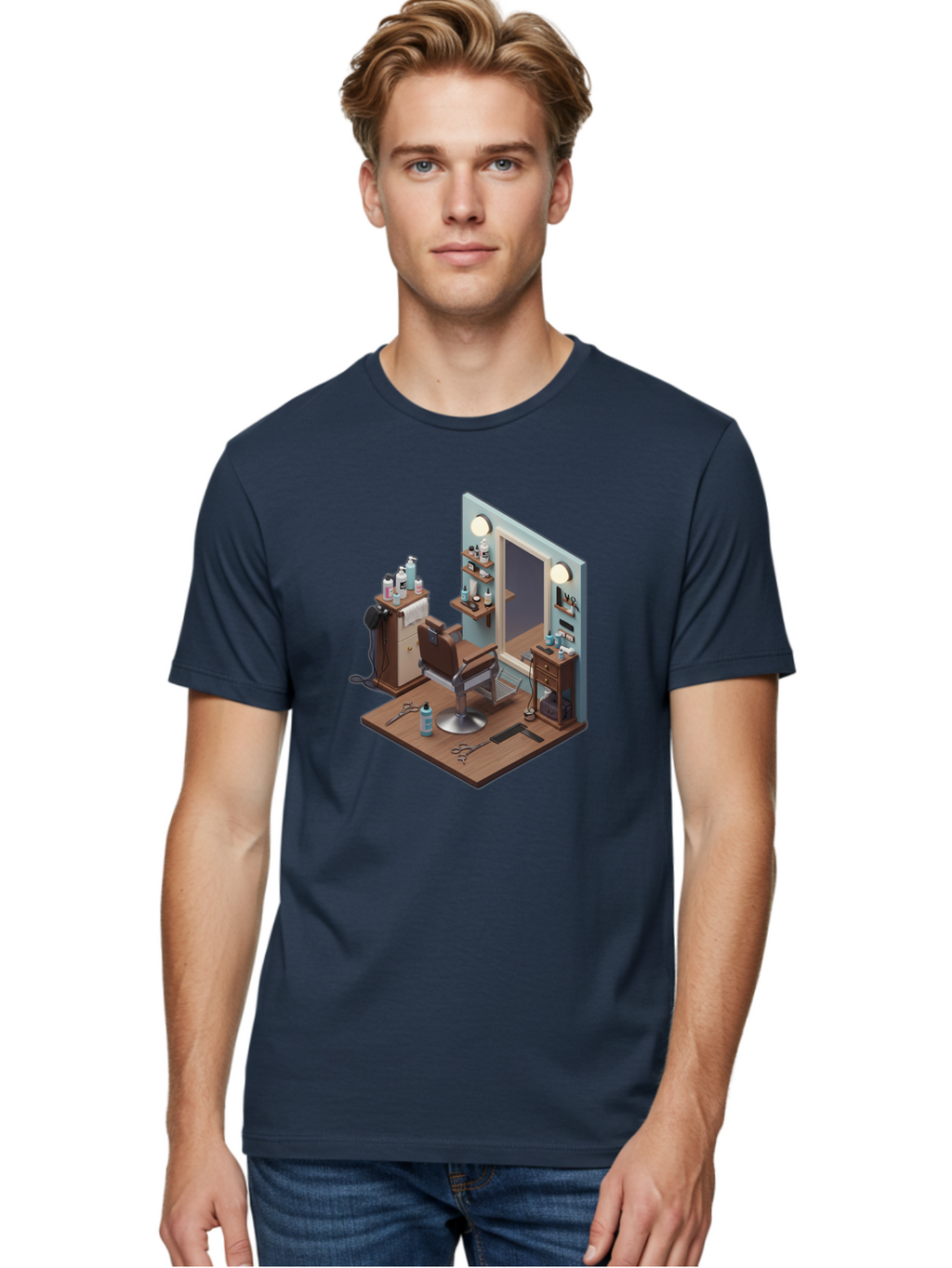 Barber-Chair-Station Men'S Graphic Tee, 100% Cotton, Comfortable Casual Summer Wear, Machine Washable, Barber Chair, Hair Cutting Tools, Grooming Products, Salon Equipment, Stylish Haircut, Modern Barbershop, Grooming Accessories, Bac600