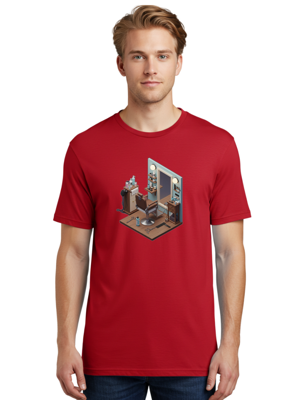 Barber-Chair-Station Men'S Graphic Tee, 100% Cotton, Comfortable Casual Summer Wear, Machine Washable, Barber Chair, Hair Cutting Tools, Grooming Products, Salon Equipment, Stylish Haircut, Modern Barbershop, Grooming Accessories, Bac600