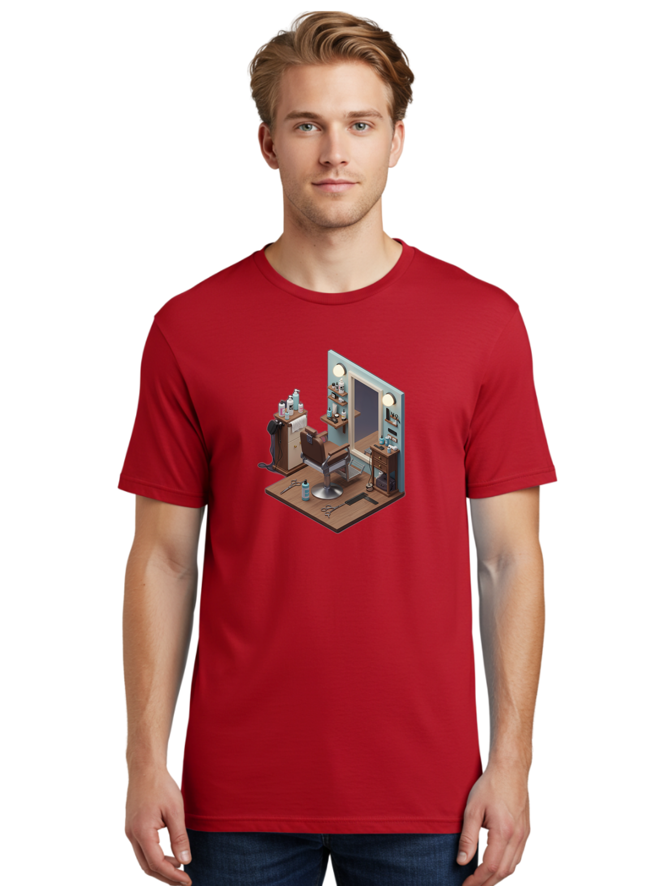 Barber-Chair-Station Men'S Graphic Tee, 100% Cotton, Comfortable Casual Summer Wear, Machine Washable, Barber Chair, Hair Cutting Tools, Grooming Products, Salon Equipment, Stylish Haircut, Modern Barbershop, Grooming Accessories, Bac600
