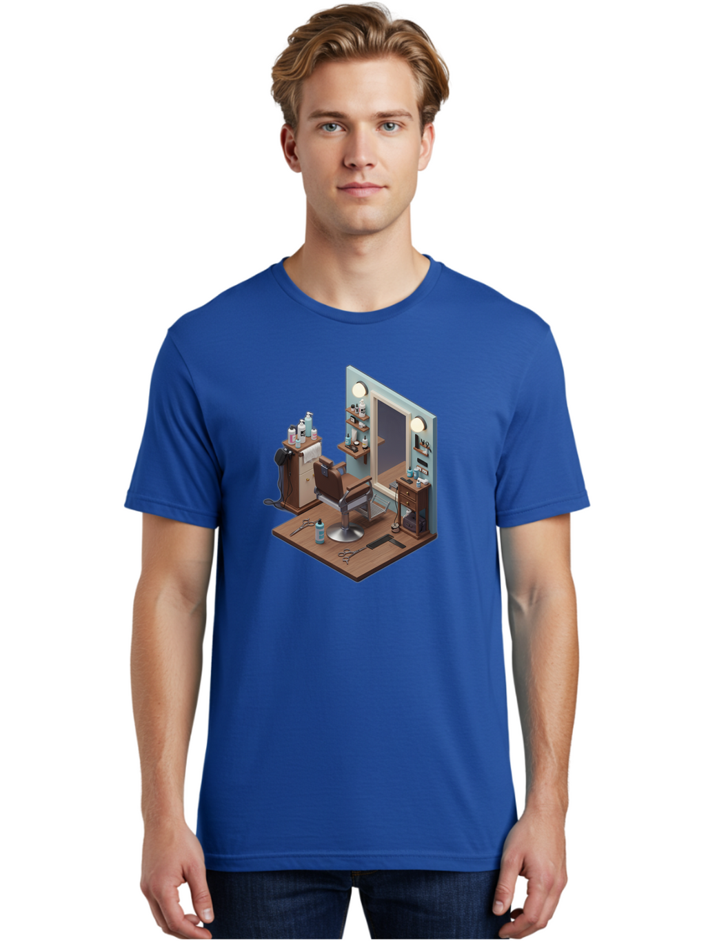 Barber-Chair-Station Men'S Graphic Tee, 100% Cotton, Comfortable Casual Summer Wear, Machine Washable, Barber Chair, Hair Cutting Tools, Grooming Products, Salon Equipment, Stylish Haircut, Modern Barbershop, Grooming Accessories, Bac600