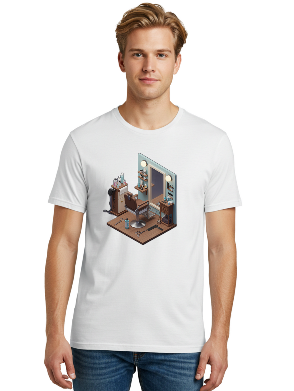Barber-Chair-Station Men'S Graphic Tee, 100% Cotton, Comfortable Casual Summer Wear, Machine Washable, Barber Chair, Hair Cutting Tools, Grooming Products, Salon Equipment, Stylish Haircut, Modern Barbershop, Grooming Accessories, Bac600