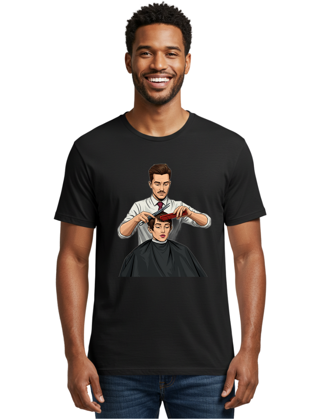 Barber-Cutting-Hair Men'S Graphic Tee, 100% Cotton, Comfortable Casual Summer Wear, Machine Washable, Barber Cutting Hair, Male Grooming, Haircut Service, Scissors And Comb, Stylish Haircut, Grooming Experience, Men'S Salon Bac602