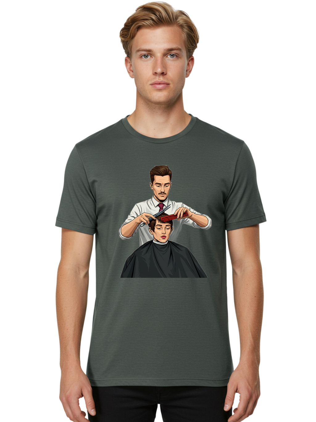 Barber-Cutting-Hair Men'S Graphic Tee, 100% Cotton, Comfortable Casual Summer Wear, Machine Washable, Barber Cutting Hair, Male Grooming, Haircut Service, Scissors And Comb, Stylish Haircut, Grooming Experience, Men'S Salon Bac602
