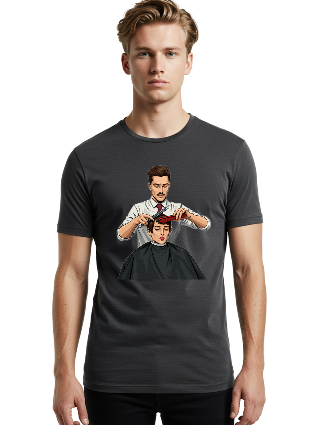 Barber-Cutting-Hair Men'S Graphic Tee, 100% Cotton, Comfortable Casual Summer Wear, Machine Washable, Barber Cutting Hair, Male Grooming, Haircut Service, Scissors And Comb, Stylish Haircut, Grooming Experience, Men'S Salon Bac602