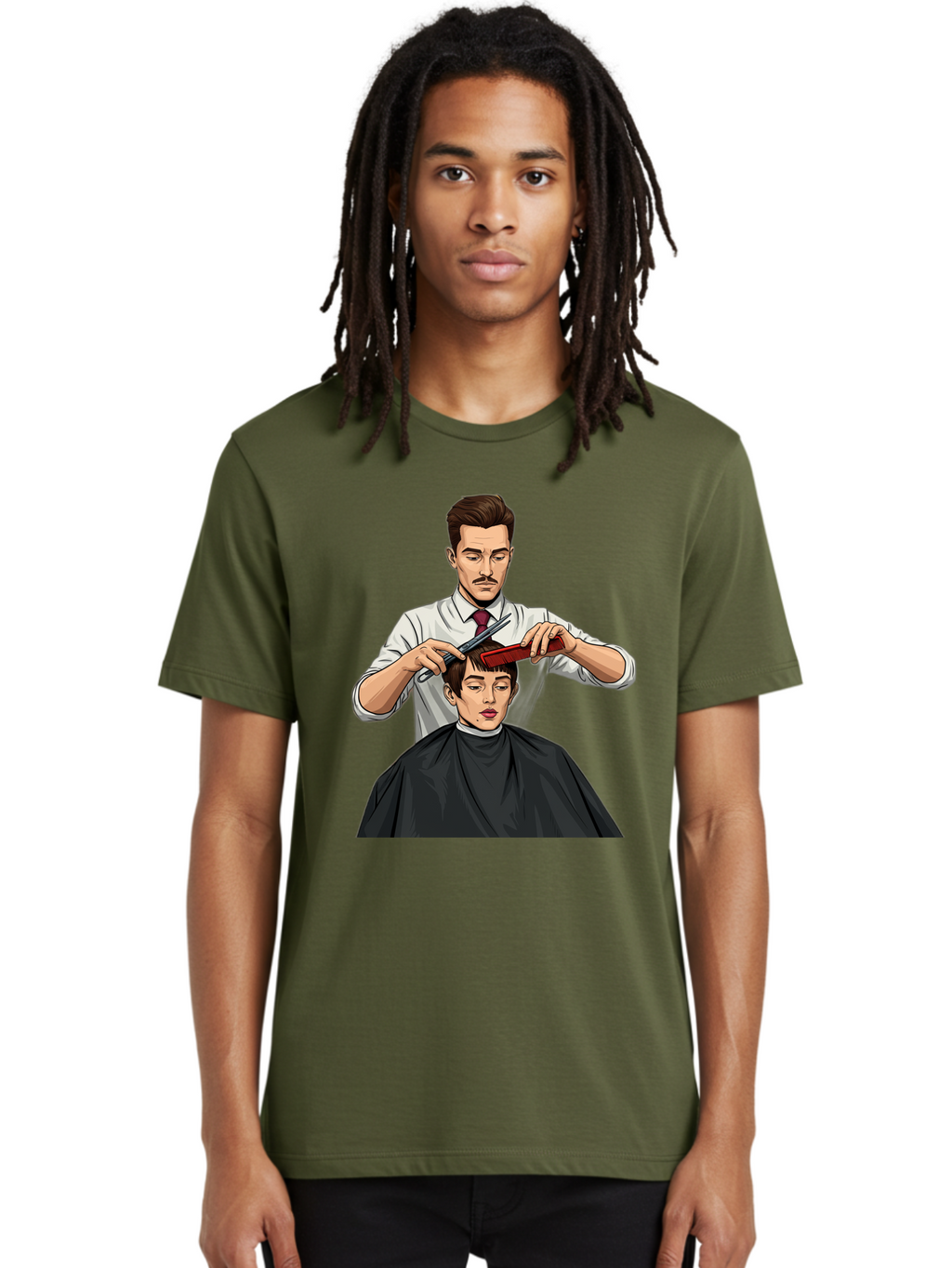 Barber-Cutting-Hair Men'S Graphic Tee, 100% Cotton, Comfortable Casual Summer Wear, Machine Washable, Barber Cutting Hair, Male Grooming, Haircut Service, Scissors And Comb, Stylish Haircut, Grooming Experience, Men'S Salon Bac602