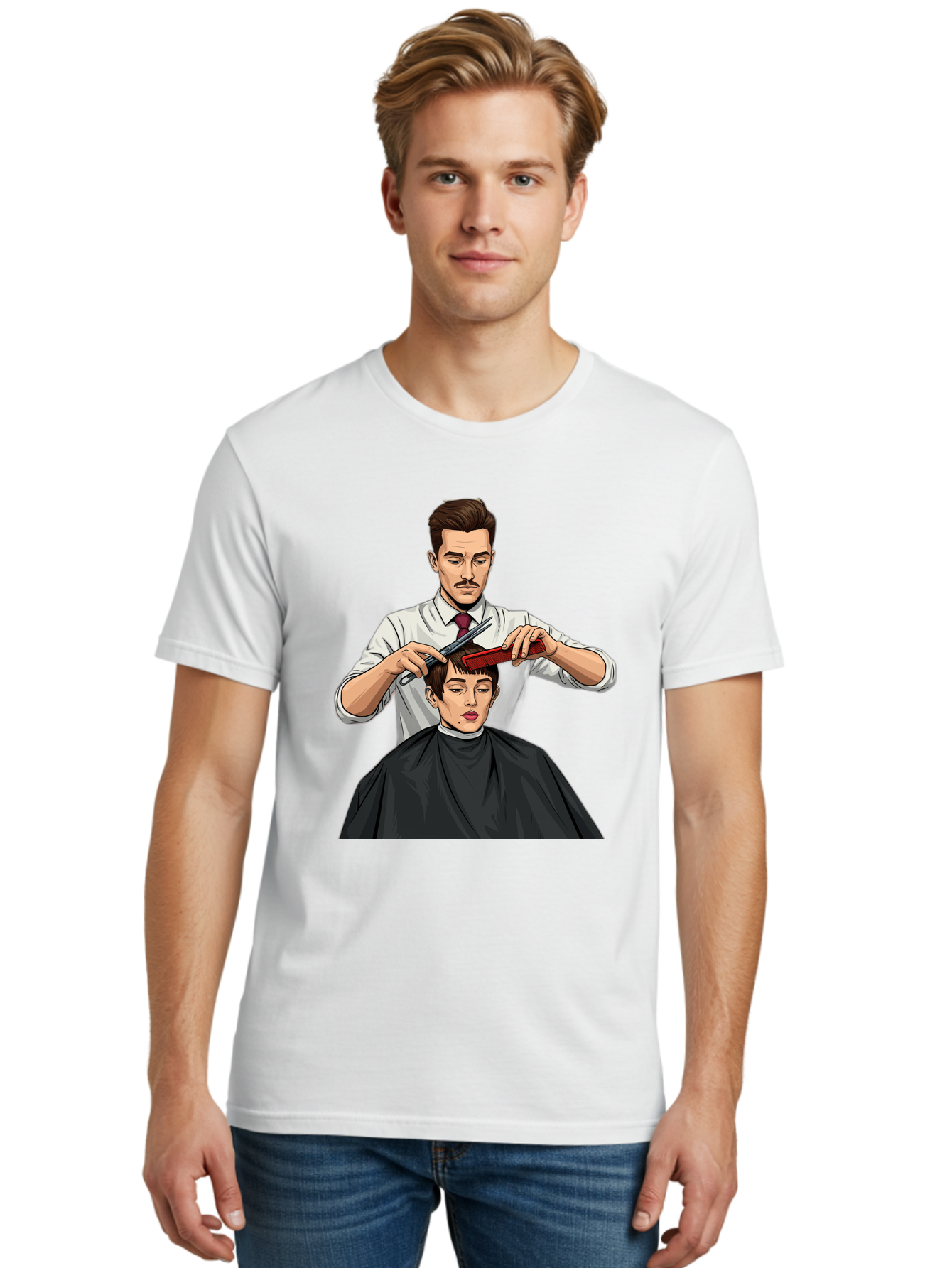 Barber-Cutting-Hair Men'S Graphic Tee, 100% Cotton, Comfortable Casual Summer Wear, Machine Washable, Barber Cutting Hair, Male Grooming, Haircut Service, Scissors And Comb, Stylish Haircut, Grooming Experience, Men'S Salon Bac602