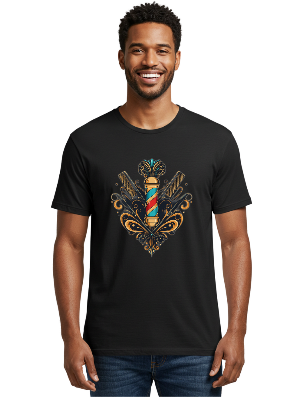 Barber-Pole-2 Men'S Graphic Tee, 100% Cotton, Comfortable Casual Summer Wear, Machine Washable, Barber Pole, Vintage Barber Shop, Grooming Tools, Ornate Design, Classic Barber, Straight Razors, Combs, Scissors, Barber Equipment, Bac604
