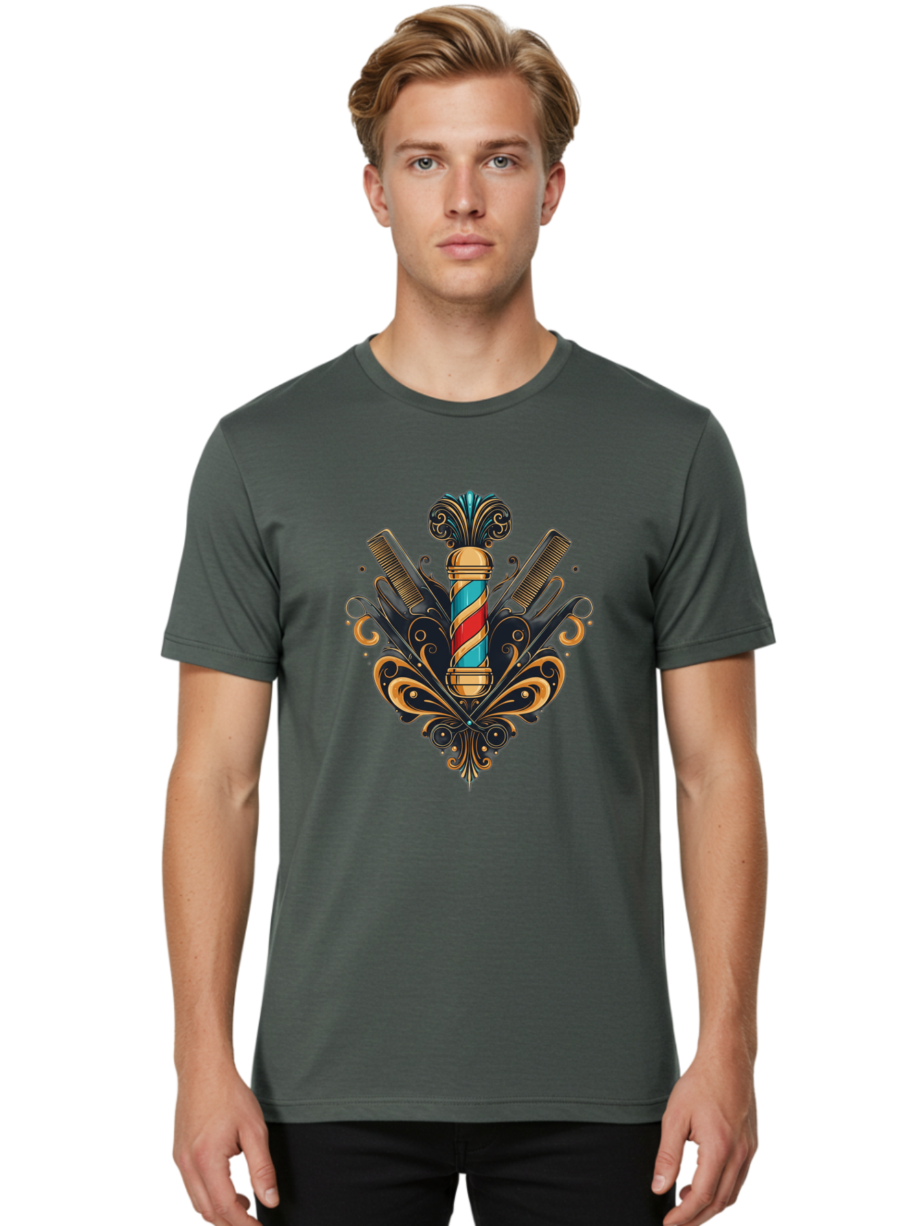 Barber-Pole-2 Men'S Graphic Tee, 100% Cotton, Comfortable Casual Summer Wear, Machine Washable, Barber Pole, Vintage Barber Shop, Grooming Tools, Ornate Design, Classic Barber, Straight Razors, Combs, Scissors, Barber Equipment, Bac604