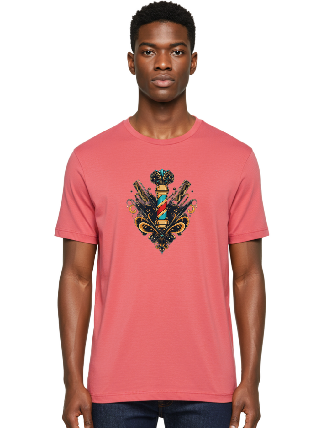 Barber-Pole-2 Men'S Graphic Tee, 100% Cotton, Comfortable Casual Summer Wear, Machine Washable, Barber Pole, Vintage Barber Shop, Grooming Tools, Ornate Design, Classic Barber, Straight Razors, Combs, Scissors, Barber Equipment, Bac604