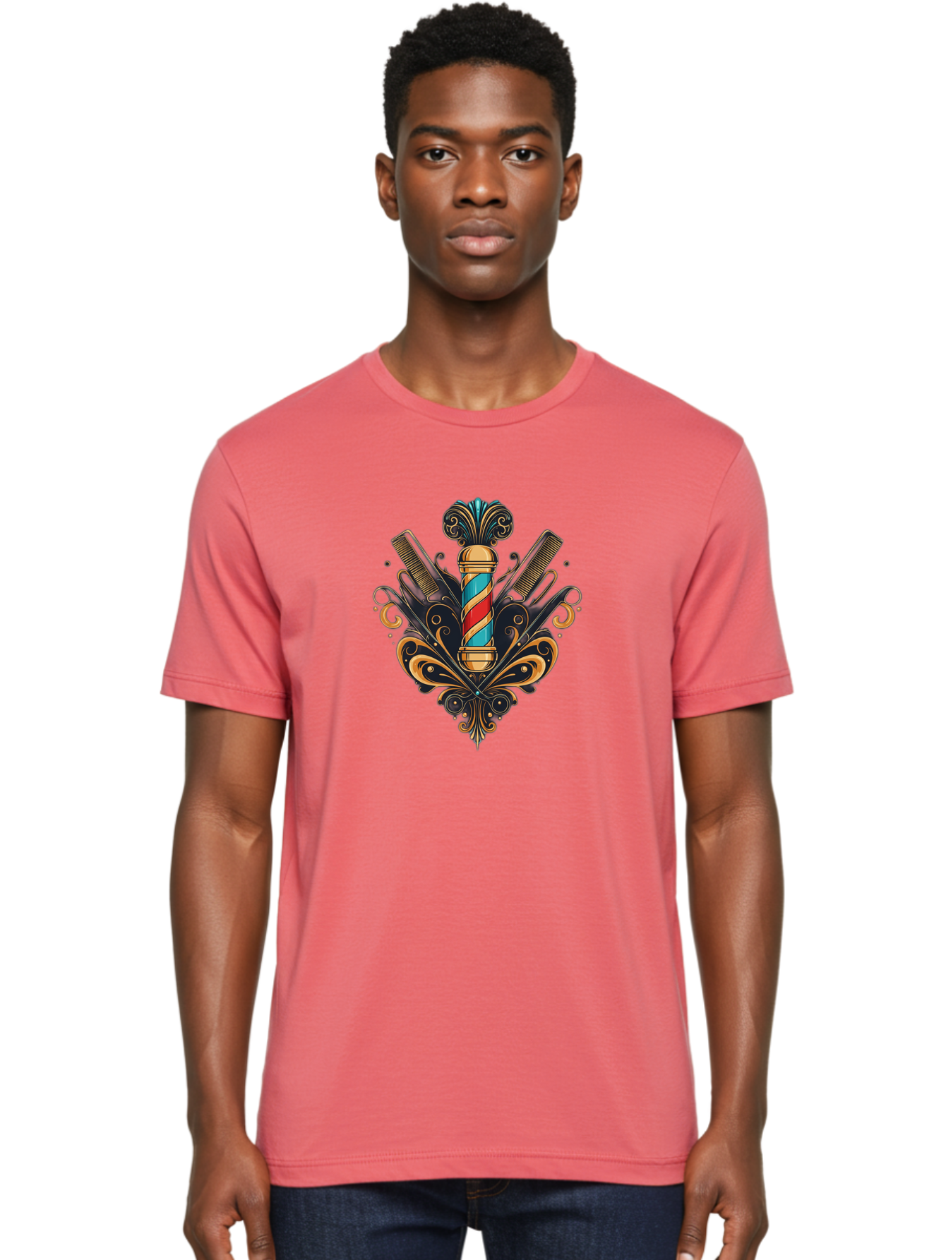 Barber-Pole-2 Men'S Graphic Tee, 100% Cotton, Comfortable Casual Summer Wear, Machine Washable, Barber Pole, Vintage Barber Shop, Grooming Tools, Ornate Design, Classic Barber, Straight Razors, Combs, Scissors, Barber Equipment, Bac604