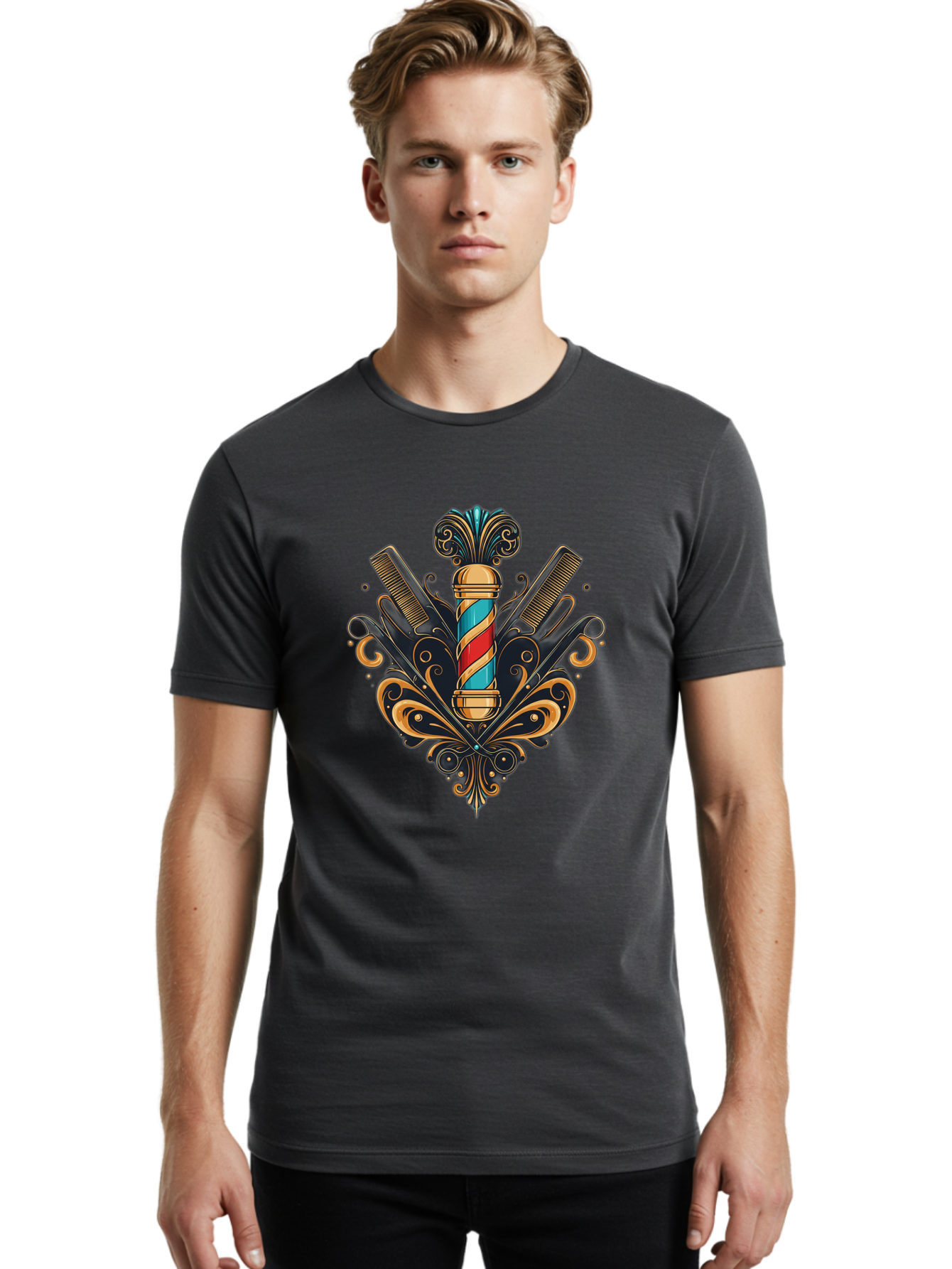 Barber-Pole-2 Men'S Graphic Tee, 100% Cotton, Comfortable Casual Summer Wear, Machine Washable, Barber Pole, Vintage Barber Shop, Grooming Tools, Ornate Design, Classic Barber, Straight Razors, Combs, Scissors, Barber Equipment, Bac604