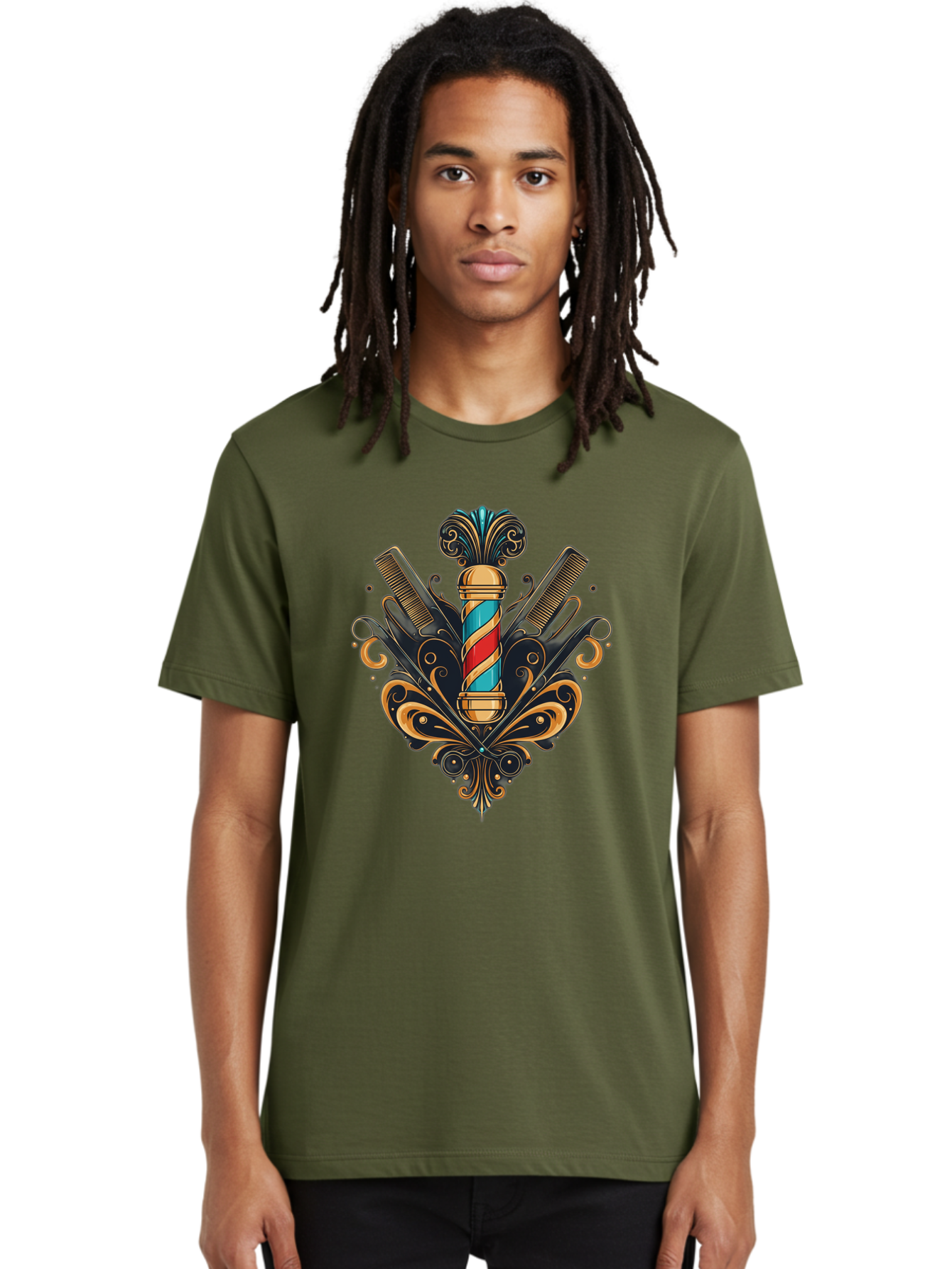 Barber-Pole-2 Men'S Graphic Tee, 100% Cotton, Comfortable Casual Summer Wear, Machine Washable, Barber Pole, Vintage Barber Shop, Grooming Tools, Ornate Design, Classic Barber, Straight Razors, Combs, Scissors, Barber Equipment, Bac604