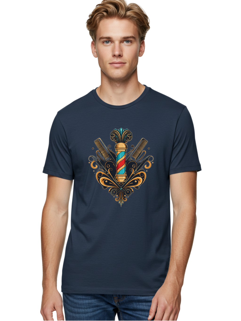 Barber-Pole-2 Men'S Graphic Tee, 100% Cotton, Comfortable Casual Summer Wear, Machine Washable, Barber Pole, Vintage Barber Shop, Grooming Tools, Ornate Design, Classic Barber, Straight Razors, Combs, Scissors, Barber Equipment, Bac604