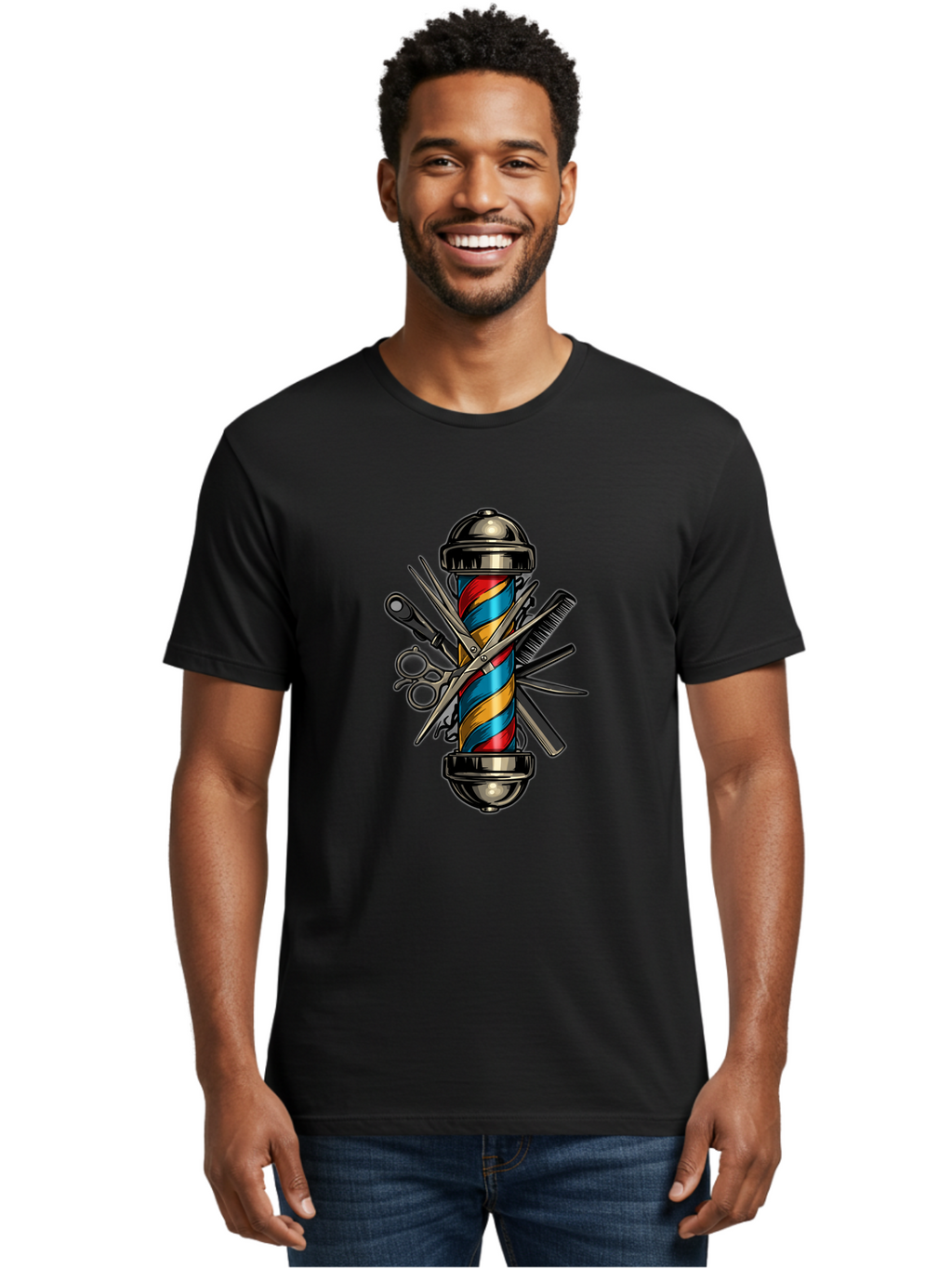 Barber-Pole-3 Men'S Graphic Tee, 100% Cotton, Comfortable Casual Summer Wear, Machine Washable, Barber Pole, Barber Shop, Hairdressing, Scissors, Comb, Clippers, Barber Tools, Barber Equipment, Men'S Grooming, Salon Services Bac605
