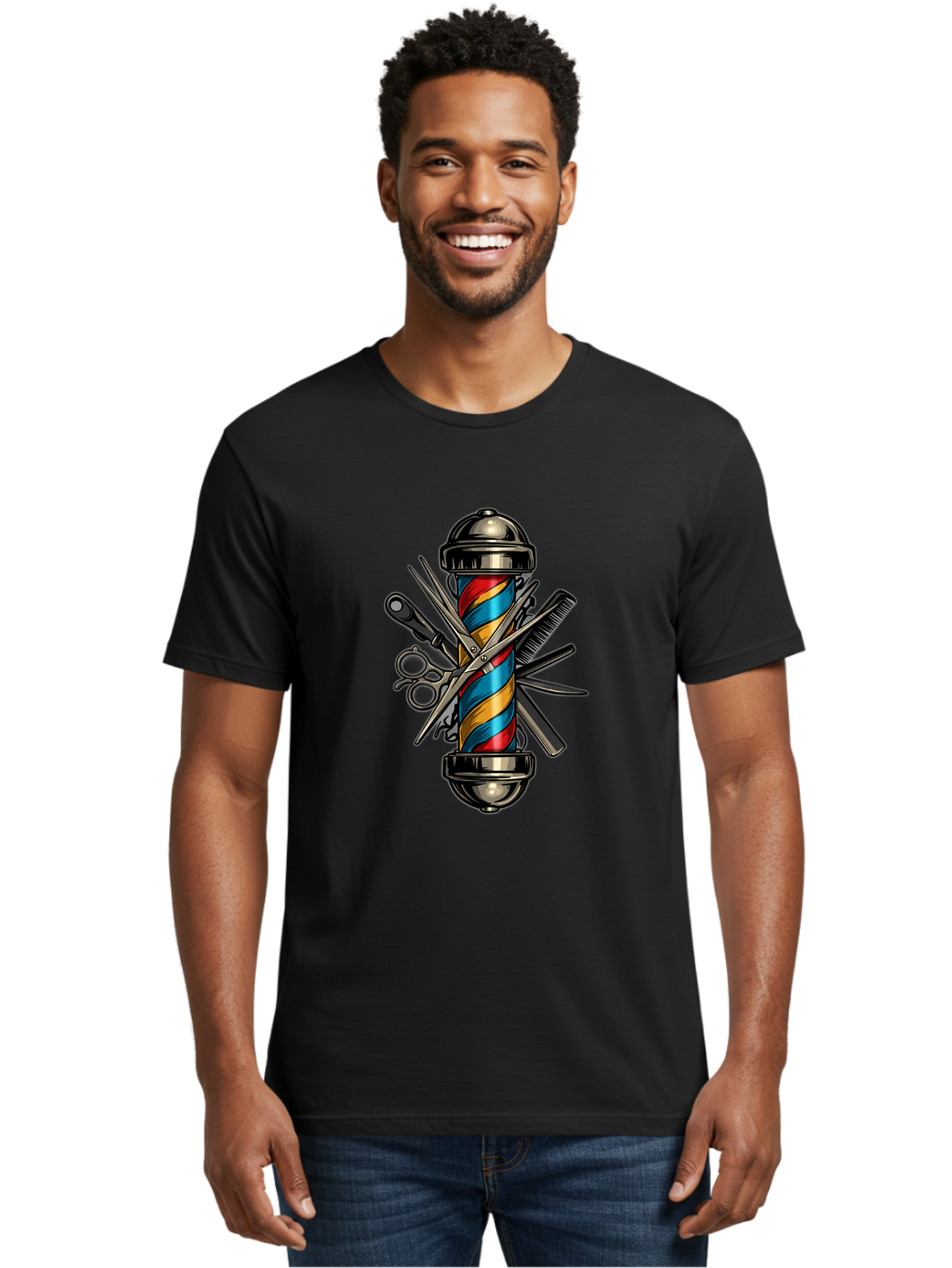 Barber-Pole-3 Men'S Graphic Tee, 100% Cotton, Comfortable Casual Summer Wear, Machine Washable, Barber Pole, Barber Shop, Hairdressing, Scissors, Comb, Clippers, Barber Tools, Barber Equipment, Men'S Grooming, Salon Services Bac605