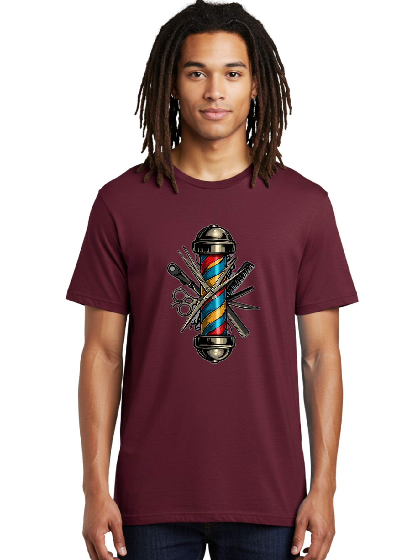 Barber-Pole-3 Men'S Graphic Tee, 100% Cotton, Comfortable Casual Summer Wear, Machine Washable, Barber Pole, Barber Shop, Hairdressing, Scissors, Comb, Clippers, Barber Tools, Barber Equipment, Men'S Grooming, Salon Services Bac605