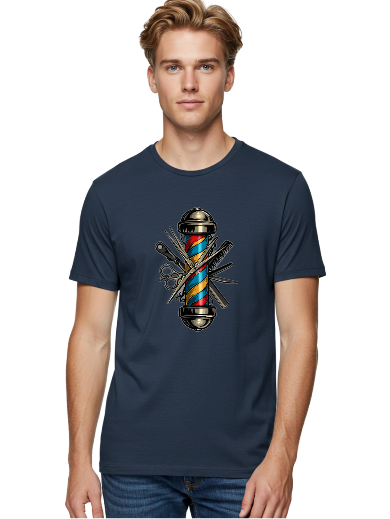 Barber-Pole-3 Men'S Graphic Tee, 100% Cotton, Comfortable Casual Summer Wear, Machine Washable, Barber Pole, Barber Shop, Hairdressing, Scissors, Comb, Clippers, Barber Tools, Barber Equipment, Men'S Grooming, Salon Services Bac605