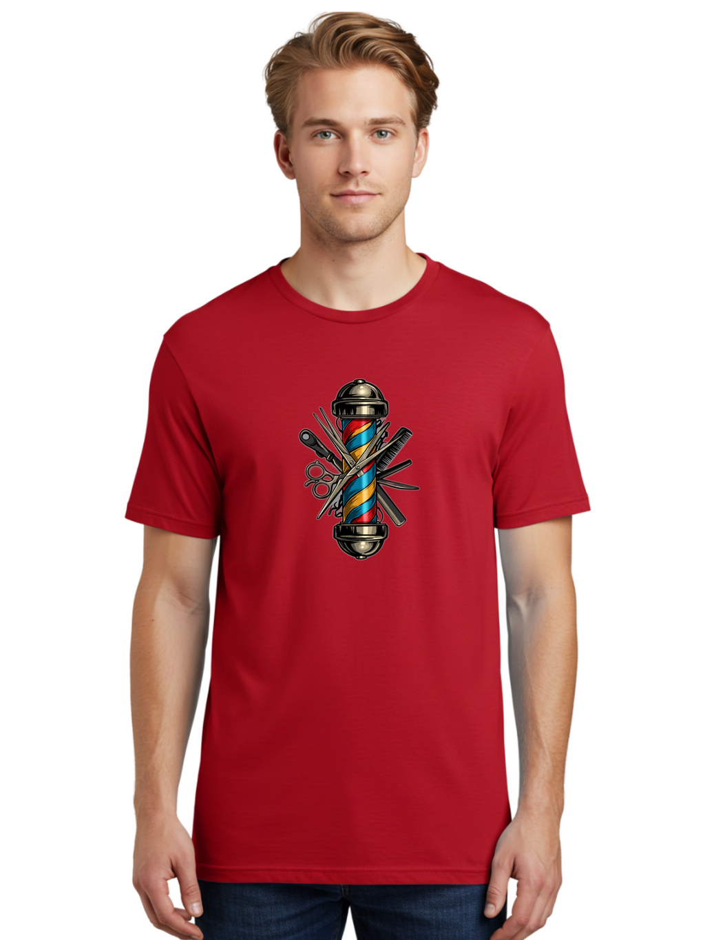 Barber-Pole-3 Men'S Graphic Tee, 100% Cotton, Comfortable Casual Summer Wear, Machine Washable, Barber Pole, Barber Shop, Hairdressing, Scissors, Comb, Clippers, Barber Tools, Barber Equipment, Men'S Grooming, Salon Services Bac605