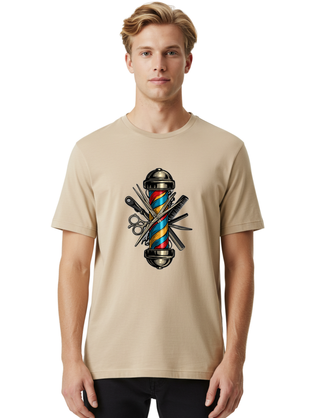 Barber-Pole-3 Men'S Graphic Tee, 100% Cotton, Comfortable Casual Summer Wear, Machine Washable, Barber Pole, Barber Shop, Hairdressing, Scissors, Comb, Clippers, Barber Tools, Barber Equipment, Men'S Grooming, Salon Services Bac605