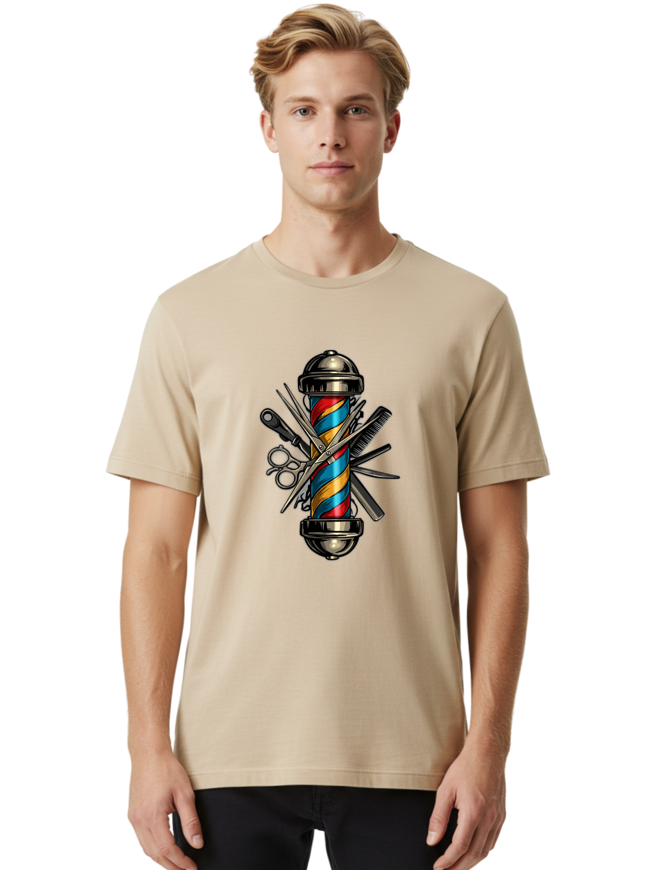 Barber-Pole-3 Men'S Graphic Tee, 100% Cotton, Comfortable Casual Summer Wear, Machine Washable, Barber Pole, Barber Shop, Hairdressing, Scissors, Comb, Clippers, Barber Tools, Barber Equipment, Men'S Grooming, Salon Services Bac605